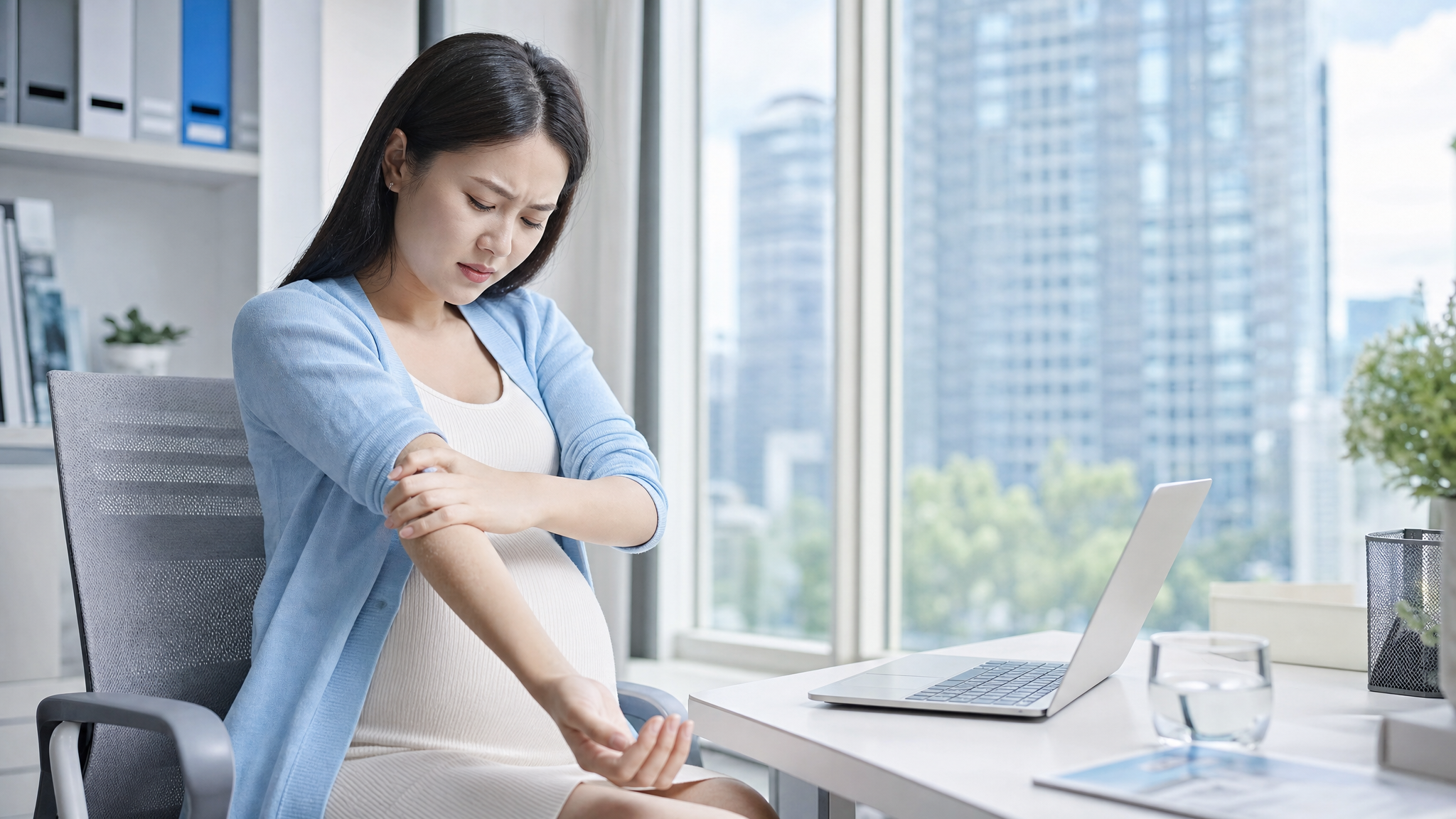 A photorealistic image of a beautiful young Chinese pregnant woman sitting by a sunny office window. She is gently touching her arm with a slightly distressed expression, noticing skin pigmentation. Soft natural sunlight streaming through the glass window, bright and airy atmosphere, light blue and clean white color palette, high quality, 8k resolution, cinematic lighting, shot on 85mm lens.