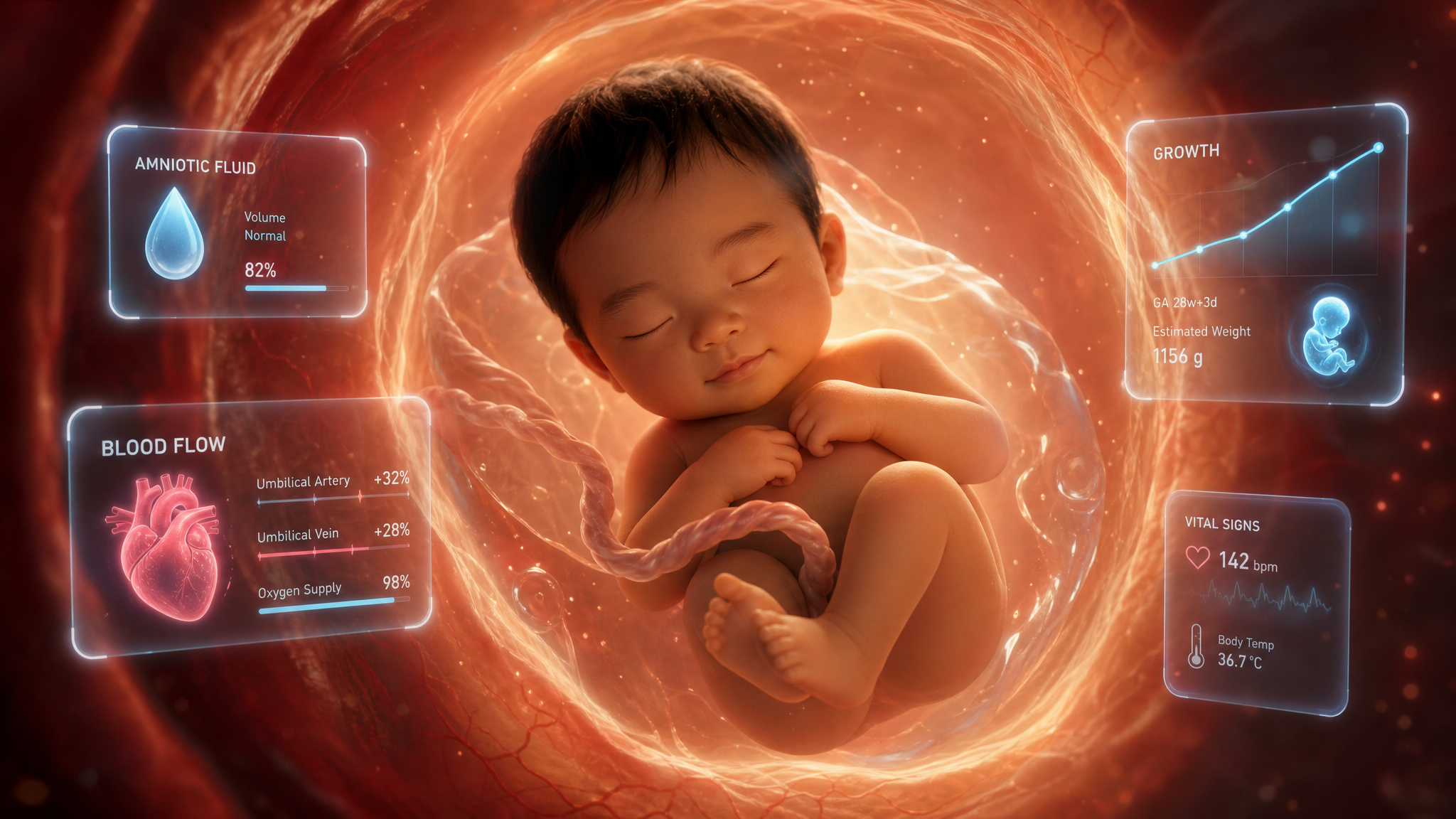 A conceptual 3D illustration showing a cute Chinese baby peacefully sleeping inside a cozy glowing womb. Floating around the baby are holographic medical icons representing amniotic fluid, blood flow, and growth charts. Soft cinematic lighting, medical but cute and reassuring aesthetic, Unreal Engine 5, highly detailed, warm tones.
