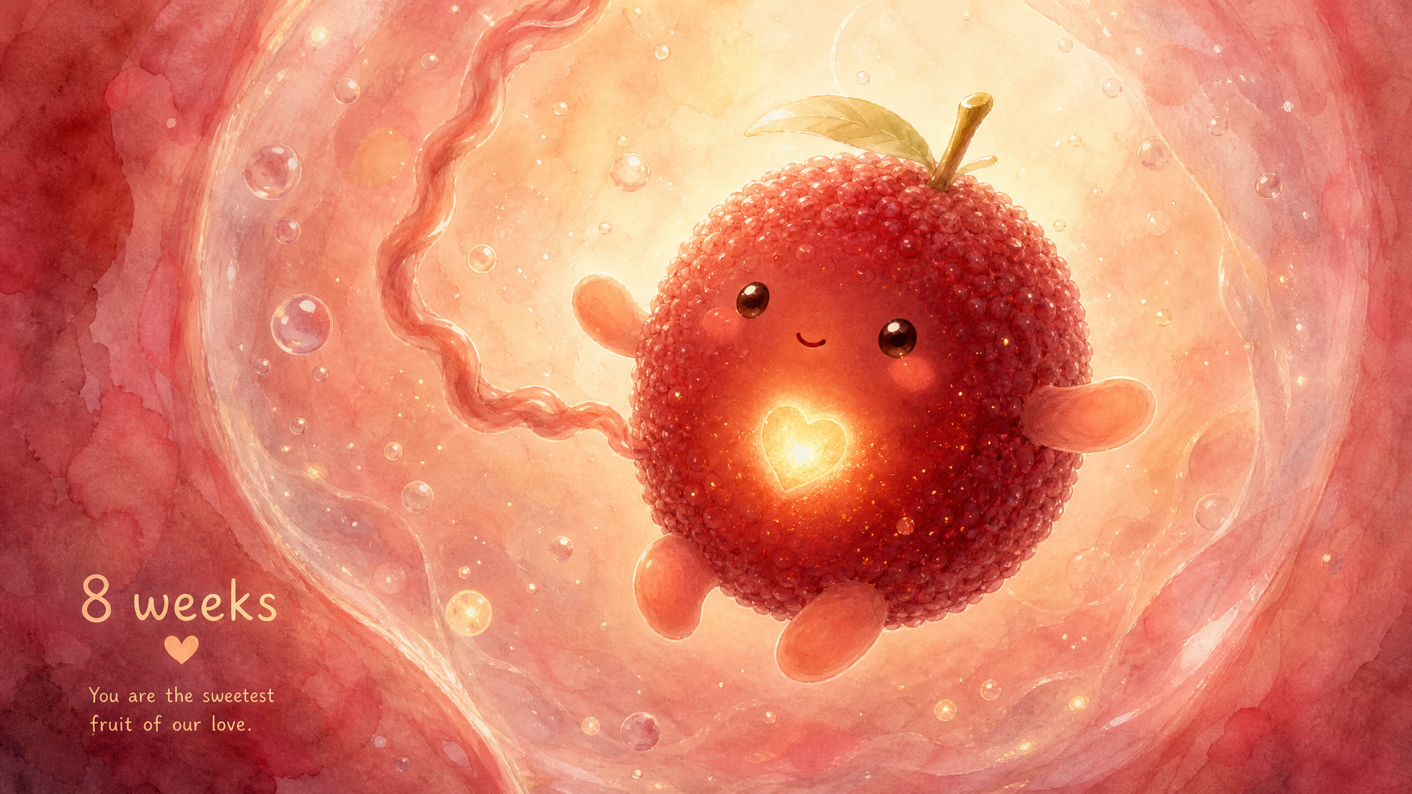 A cute conceptual illustration of an 8-week-old fetus visualized as a fuzzy, adorable anthropomorphic red waxberry (yangmei) floating peacefully in a gentle, glowing amniotic fluid environment. The waxberry has tiny, sprouting arm and leg buds resembling small paddles, and a glowing little heart in the center. Soft watercolor style, warm pastel tones, dreamy and magical atmosphere, high quality, highly detailed.