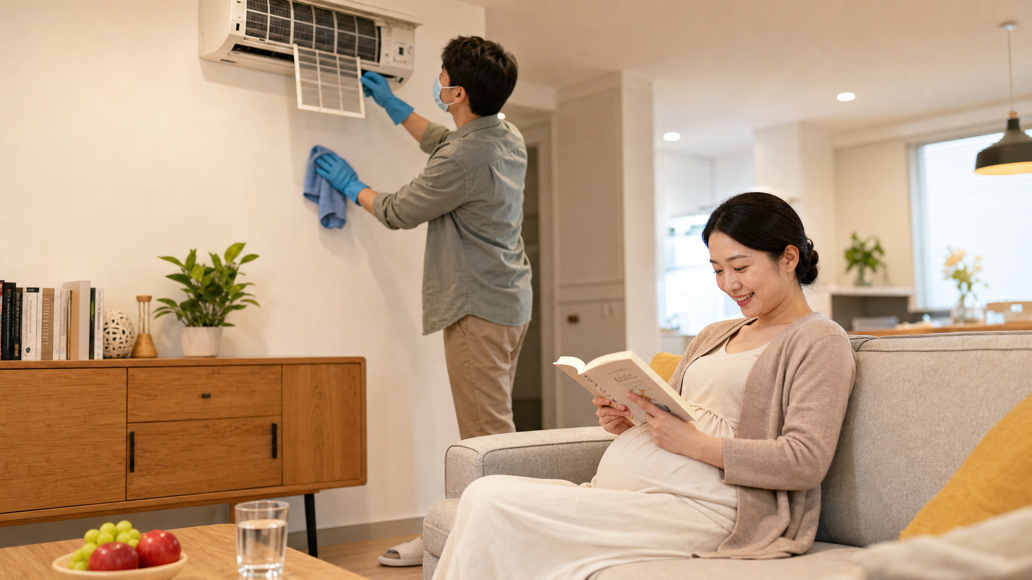 A caring Chinese husband cleaning the air conditioner filter and wiping the wall, wearing a mask and gloves. His pregnant wife is sitting comfortably on a clean sofa nearby, smiling and reading a book. Bright, warm indoor lighting, neat and dry living room, realistic photography, 8k, highly detailed.