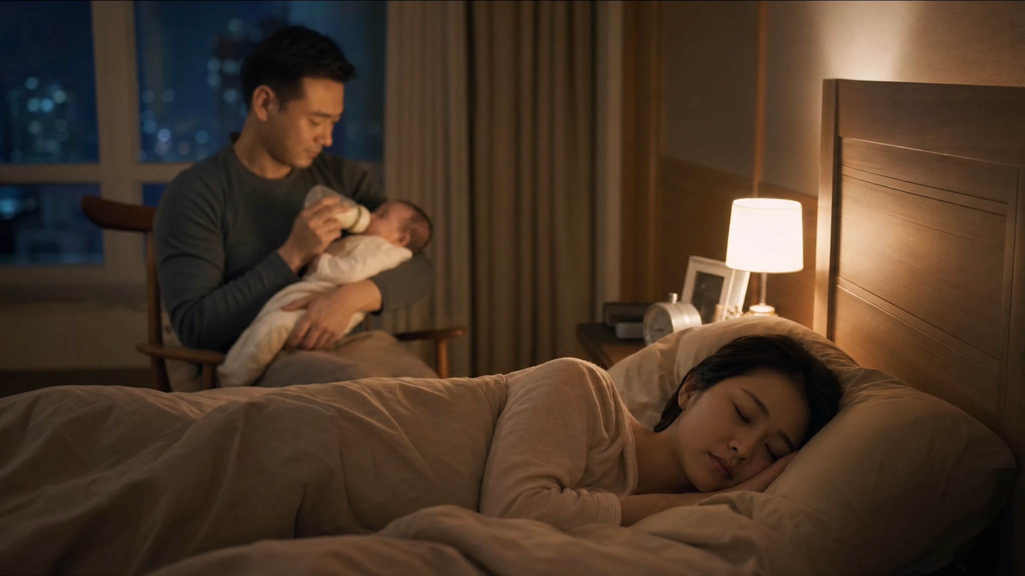 A cozy bedroom scene at night. A young Chinese father is gently holding and feeding a baby in the background, while the Chinese mother is sleeping peacefully in the foreground bed. Warm night light, soft shadows, healing and supportive atmosphere, realistic photography, highly detailed, 8k, Midjourney style.