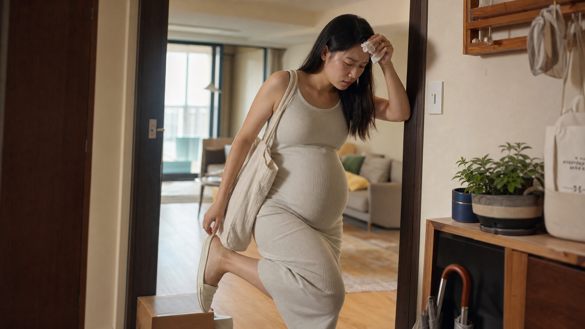 A young Chinese pregnant woman feeling dizzy and nauseous in summer, wiping sweat with a tissue, standing near the doorway taking off her shoes, soft natural lighting, realistic photography, high resolution, 8k, cinematic lighting.