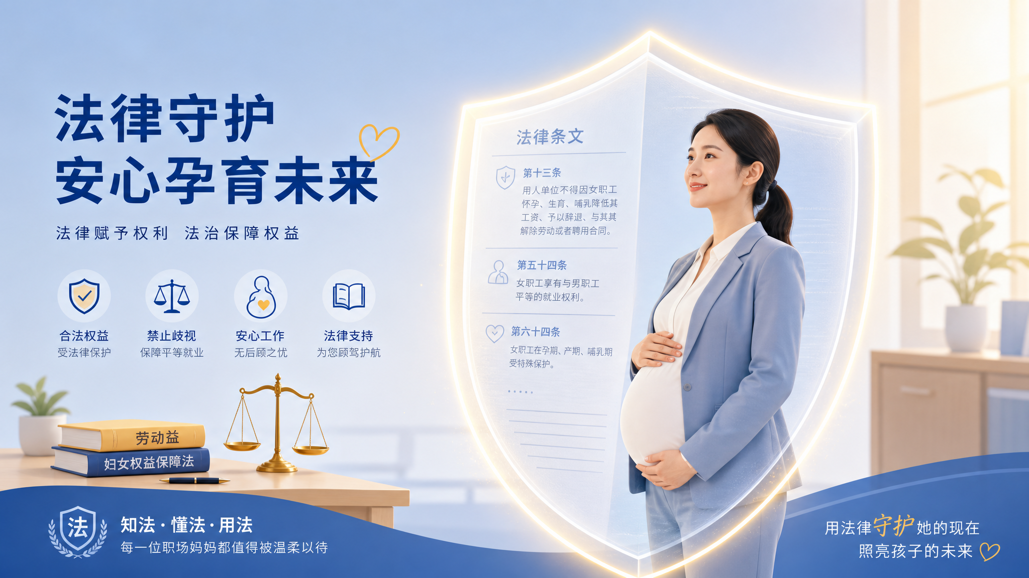 Minimalist vector illustration of a Chinese pregnant woman in professional attire standing safely behind a glowing, translucent shield. The shield has subtle textures of legal document lines. Soft blue and warm yellow color palette, symbolizing safety, legal protection, and peace of mind. Modern flat design, bright colors.