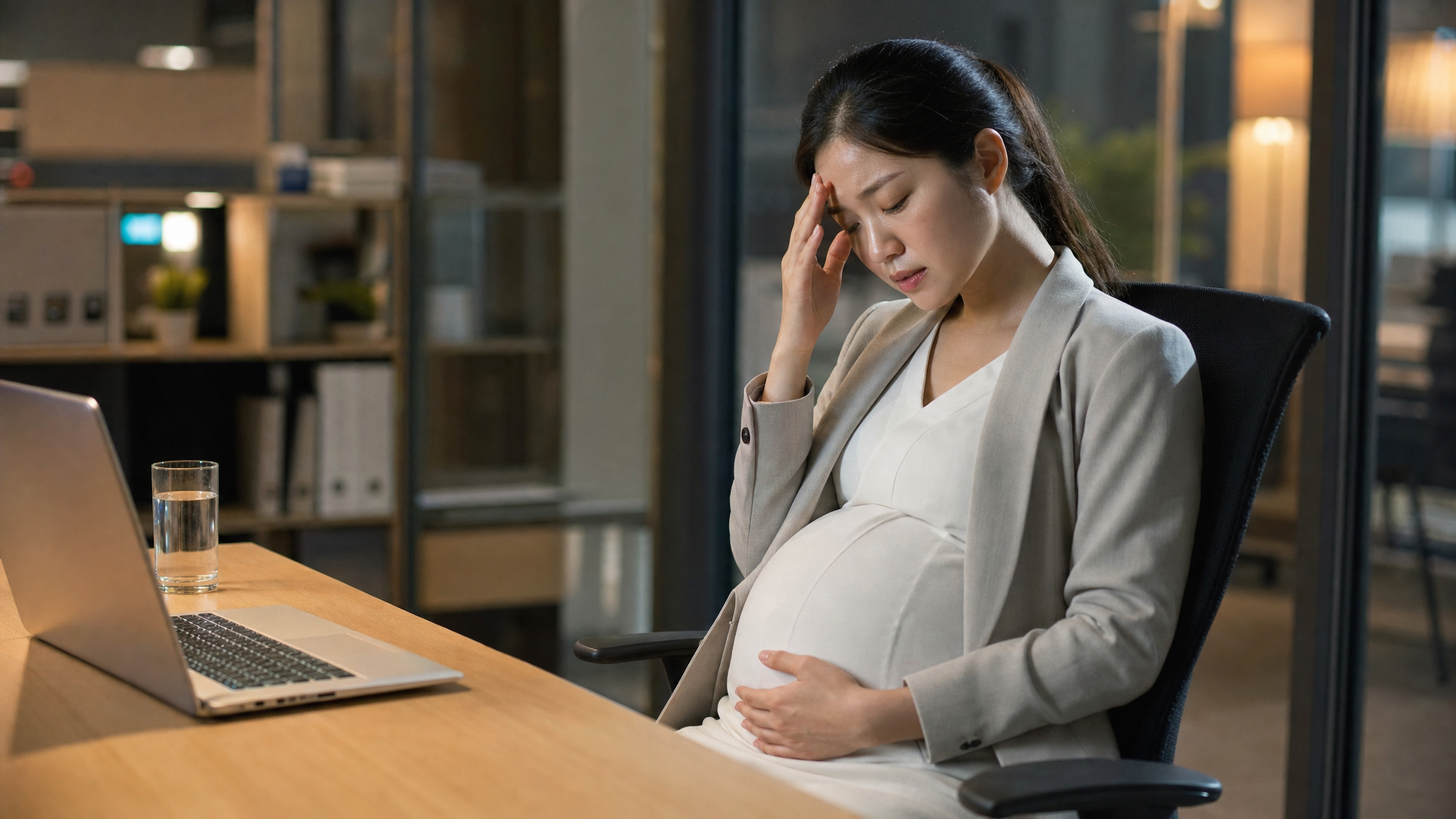 A hyper-realistic medium shot of a young Chinese pregnant woman in an office setting. She is sitting at her desk, looking slightly uncomfortable, gently holding her lower abdomen with one hand and touching her forehead with the other. On the desk, there is an empty water glass and a glowing laptop screen. Warm indoor office lighting, soft cinematic grading, highly detailed, 8k resolution, shot with 85mm lens.