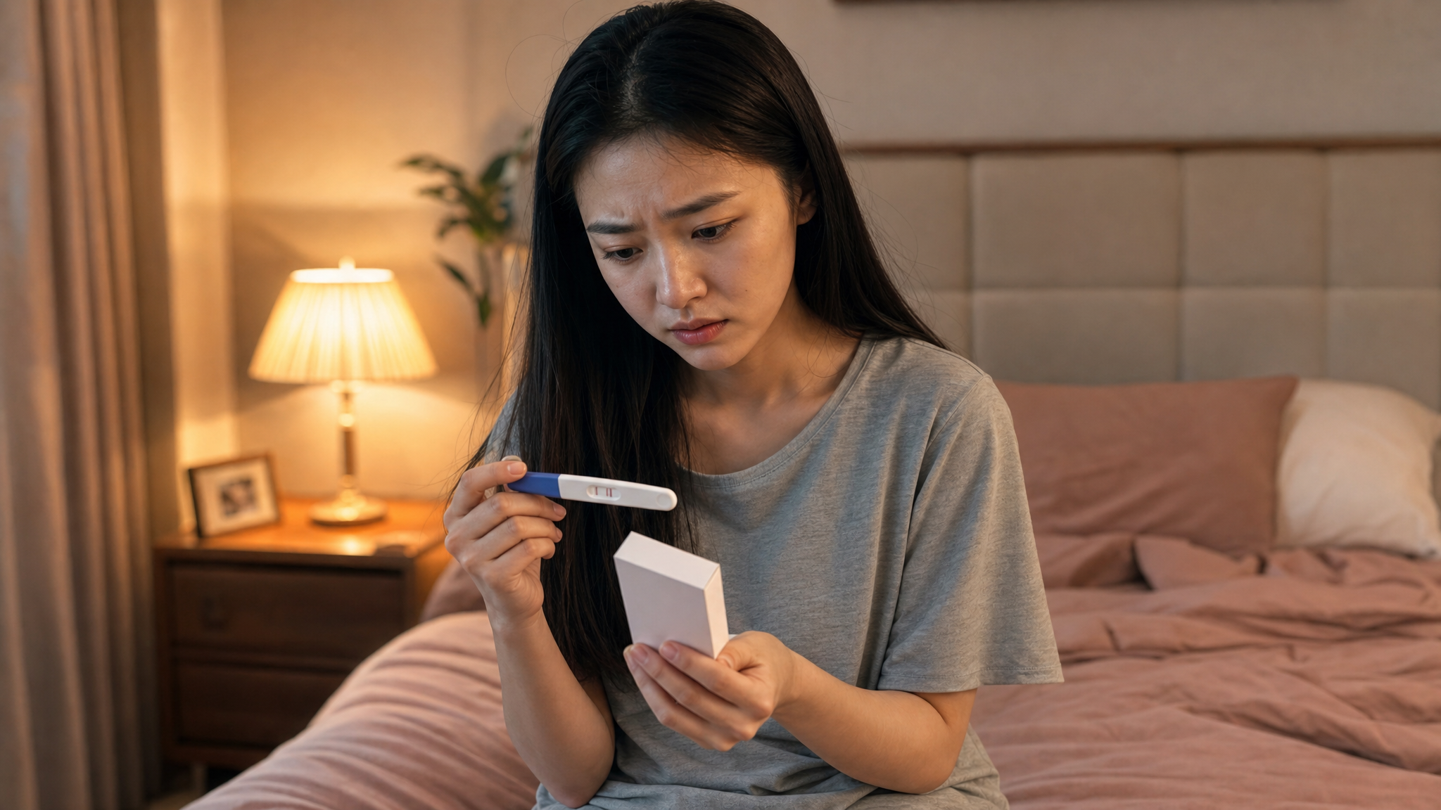 A high-quality, realistic photo of a young Chinese woman sitting on a bed in a cozy bedroom, holding a positive pregnancy test in one hand and looking at a medicine box in the other hand with a worried and anxious expression. Soft indoor lighting, cinematic aesthetic, 8k resolution, photorealistic.