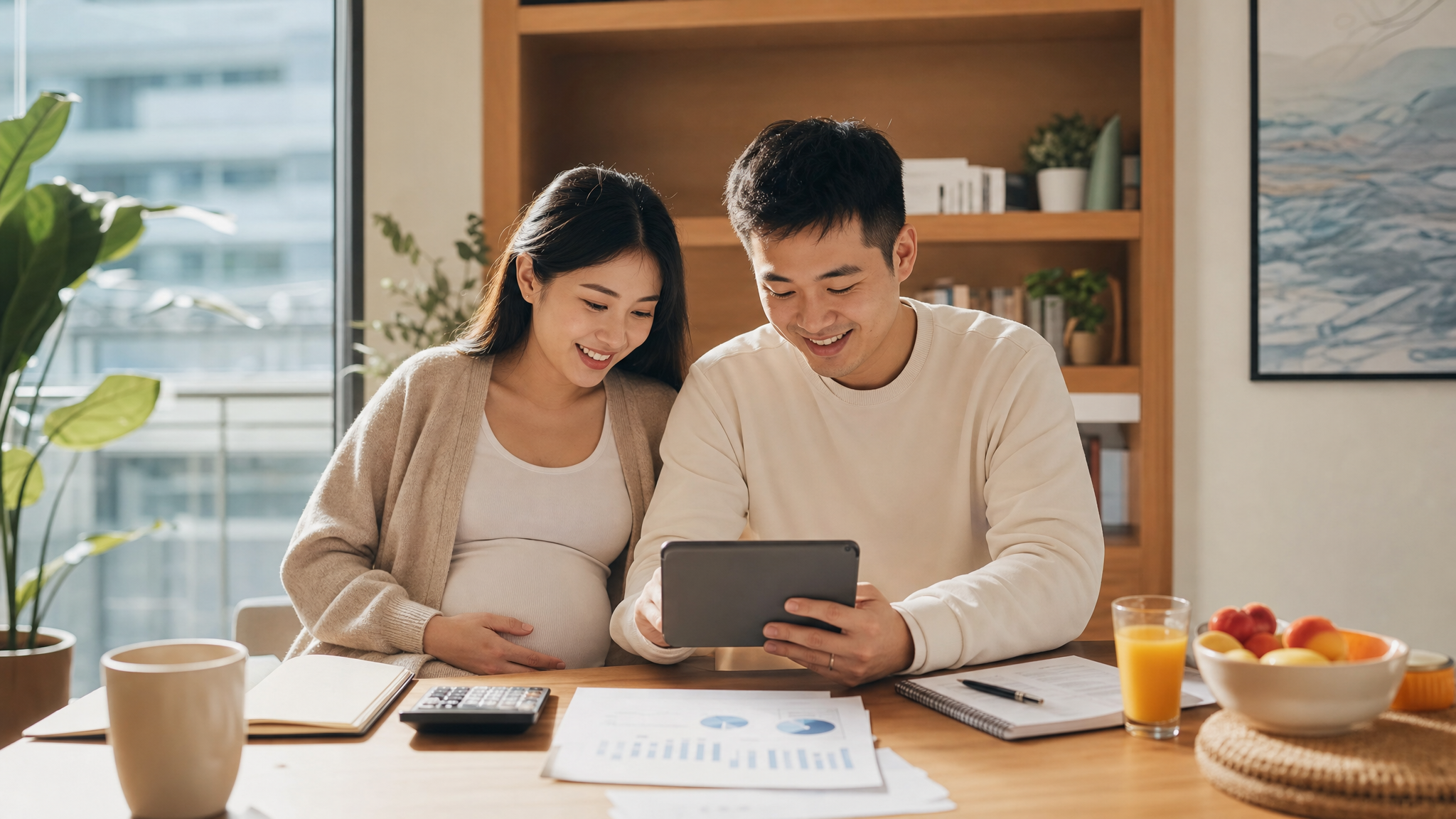 A happy young Chinese couple sitting at a bright, modern dining table, the pregnant wife and husband are looking at a tablet together, smiling and making a budget plan, warm morning sunlight streaming through the window, cozy and loving atmosphere, realistic photography, highly detailed, 8k. --ar 16:9