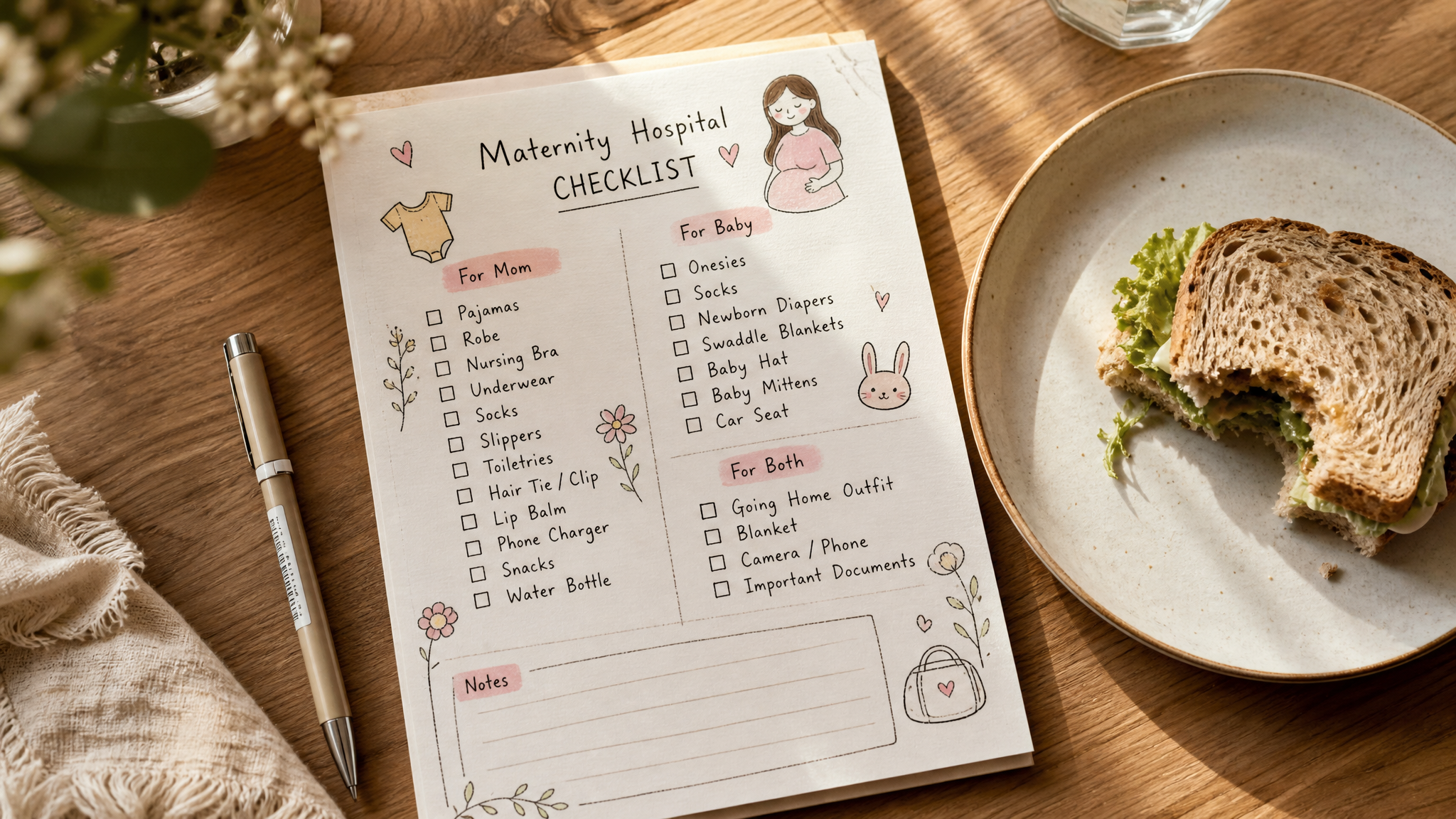 A flat lay macro shot of a cute hand-drawn maternity hospital checklist and a half-eaten sandwich on a wooden table, warm sunlight filtering through a window, cozy and aesthetic, soft pastel colors, highly detailed, 8k, lifestyle photography.