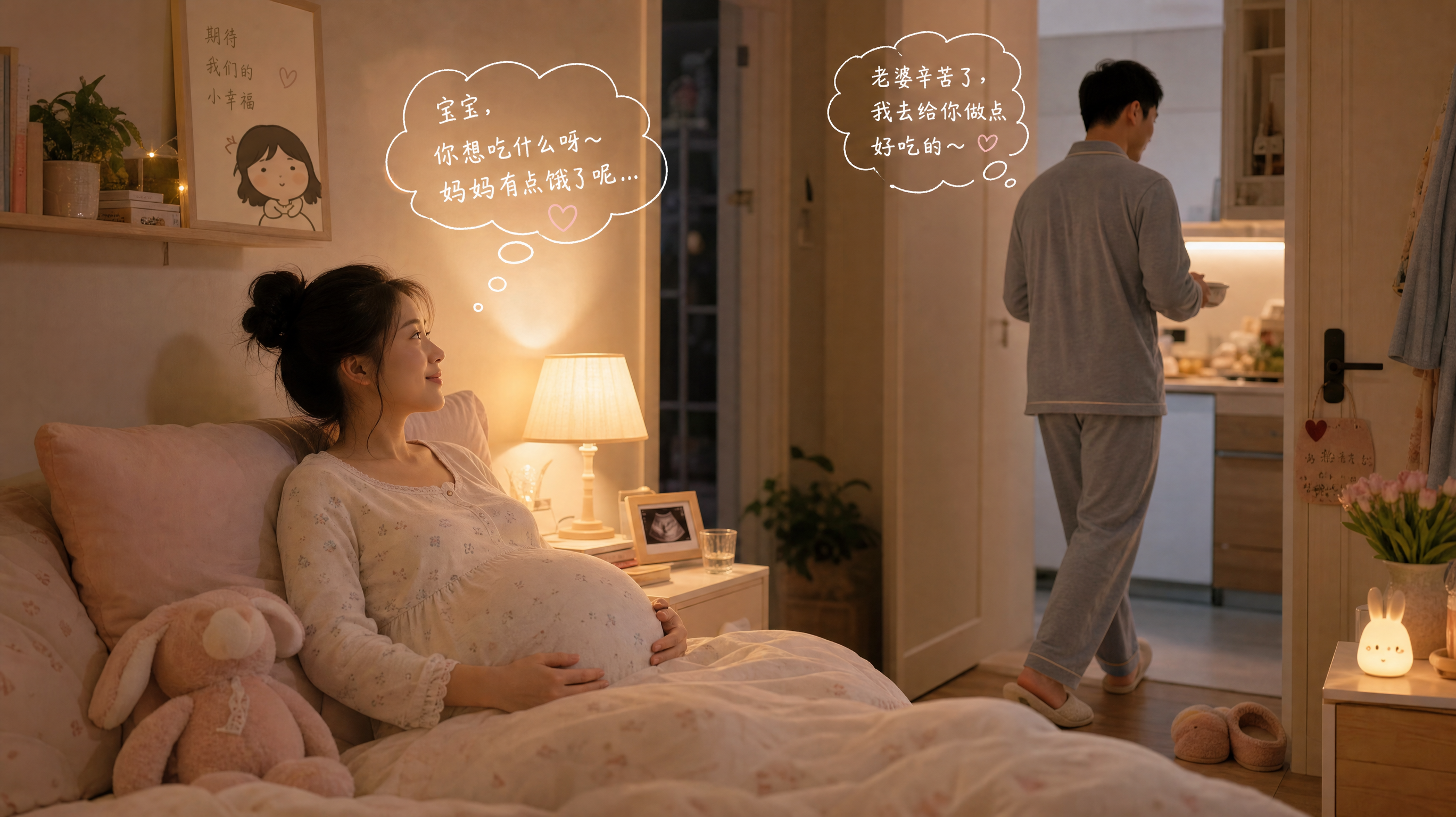 A warm and cozy illustration of a young Chinese pregnant woman sitting in bed looking slightly hungry and expectant, while her caring Chinese husband is walking towards the kitchen in pajamas, warm night lighting, soft colors, healing illustration style, high quality, 8k --ar 3:4