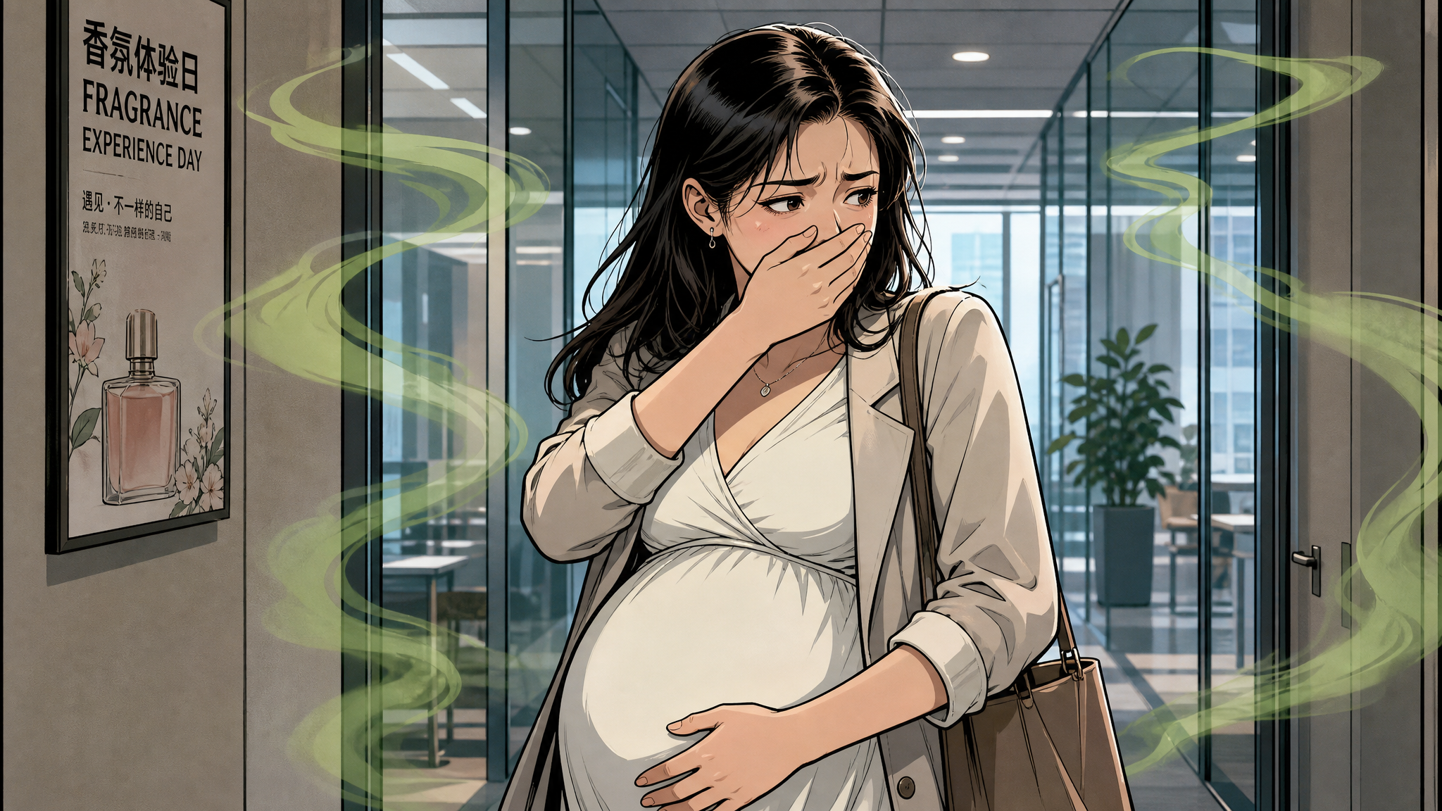 一位年轻的中国孕妇在现代办公室走廊里，捂着鼻子和嘴巴，表情难受，周围有淡淡的绿色气体代表刺鼻的气味（如香水、食物味道），场景漫画风格，高对比度配色，柔和的办公室灯光，Midjourney风格，8k分辨率。