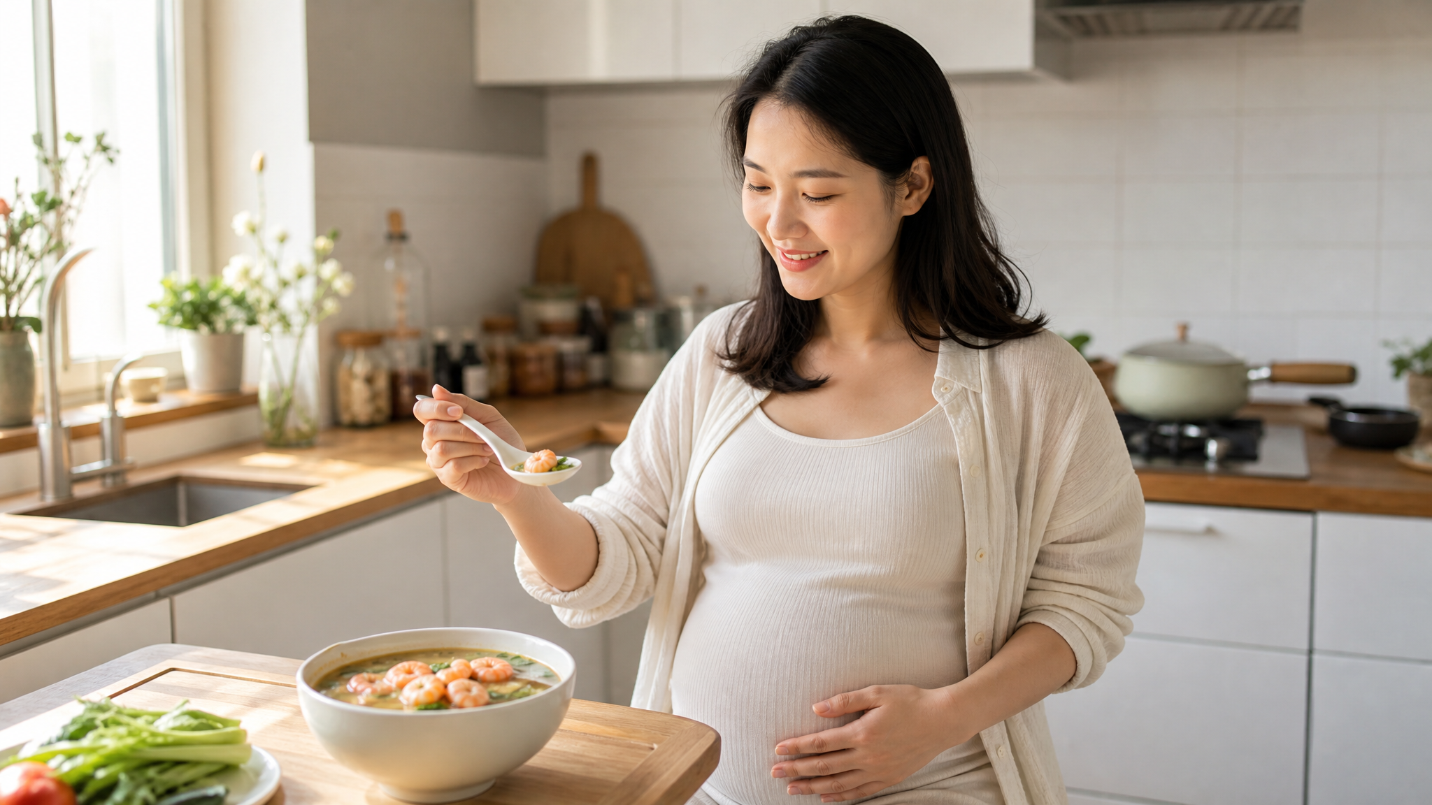 A happy Chinese pregnant woman enjoying a bowl of delicious and healthy shrimp soup in a bright modern kitchen. She is smiling gently with a spoon in her hand. Natural sunlight streaming through the window, soft and warm atmosphere, high quality, 8k, photorealistic masterpiece.
