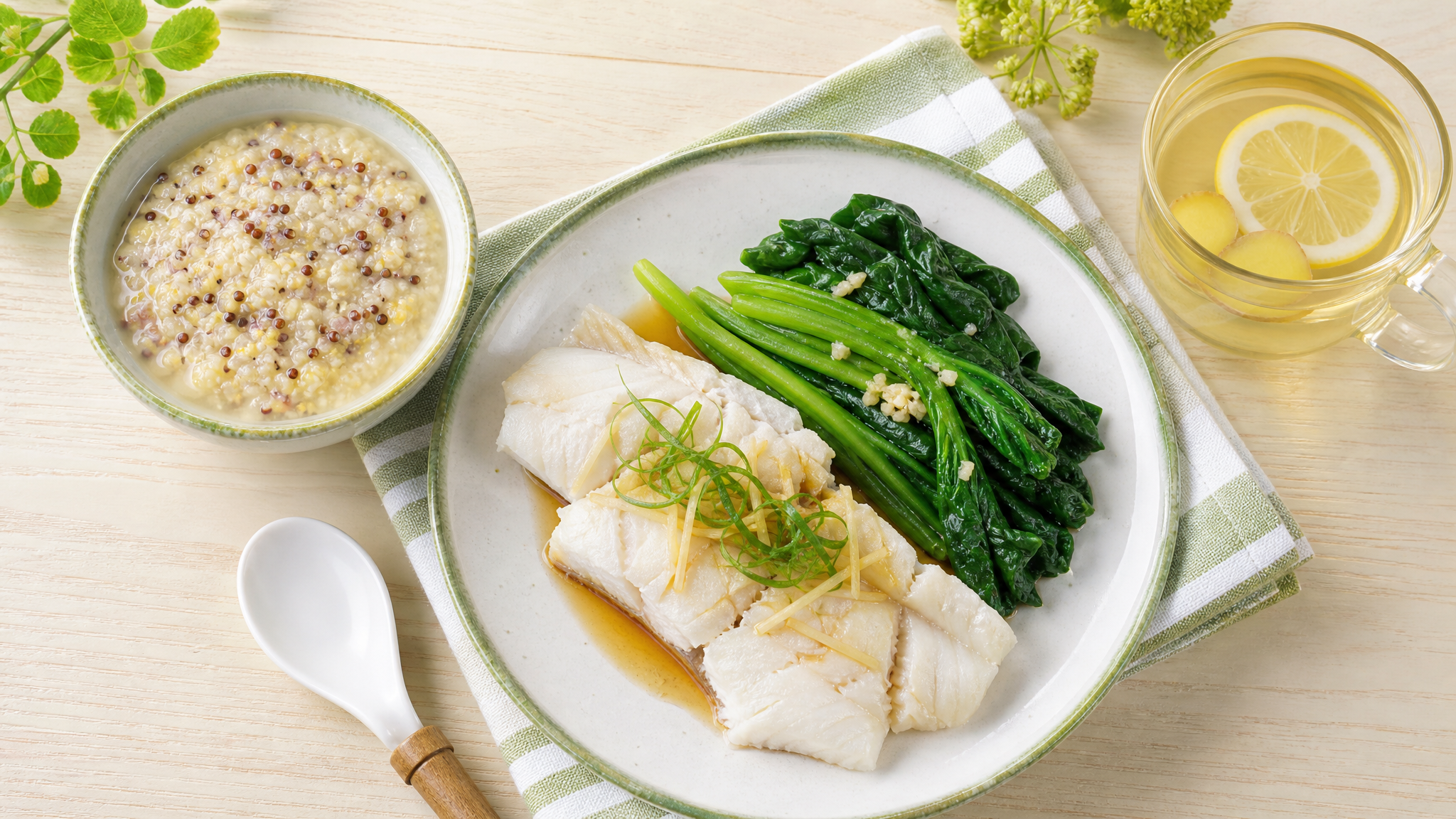 A top-down view of a fresh and appetizing pregnancy-friendly meal on a light wooden table. The meal includes a small bowl of quinoa and millet porridge, steamed white fish fillet with light soy sauce, and a side of blanched green vegetables. A glass of warm lemon-ginger water is placed next to it. Bright, airy lighting, clean green and white aesthetic, appetizing, professional food photography, 8k, highly detailed.