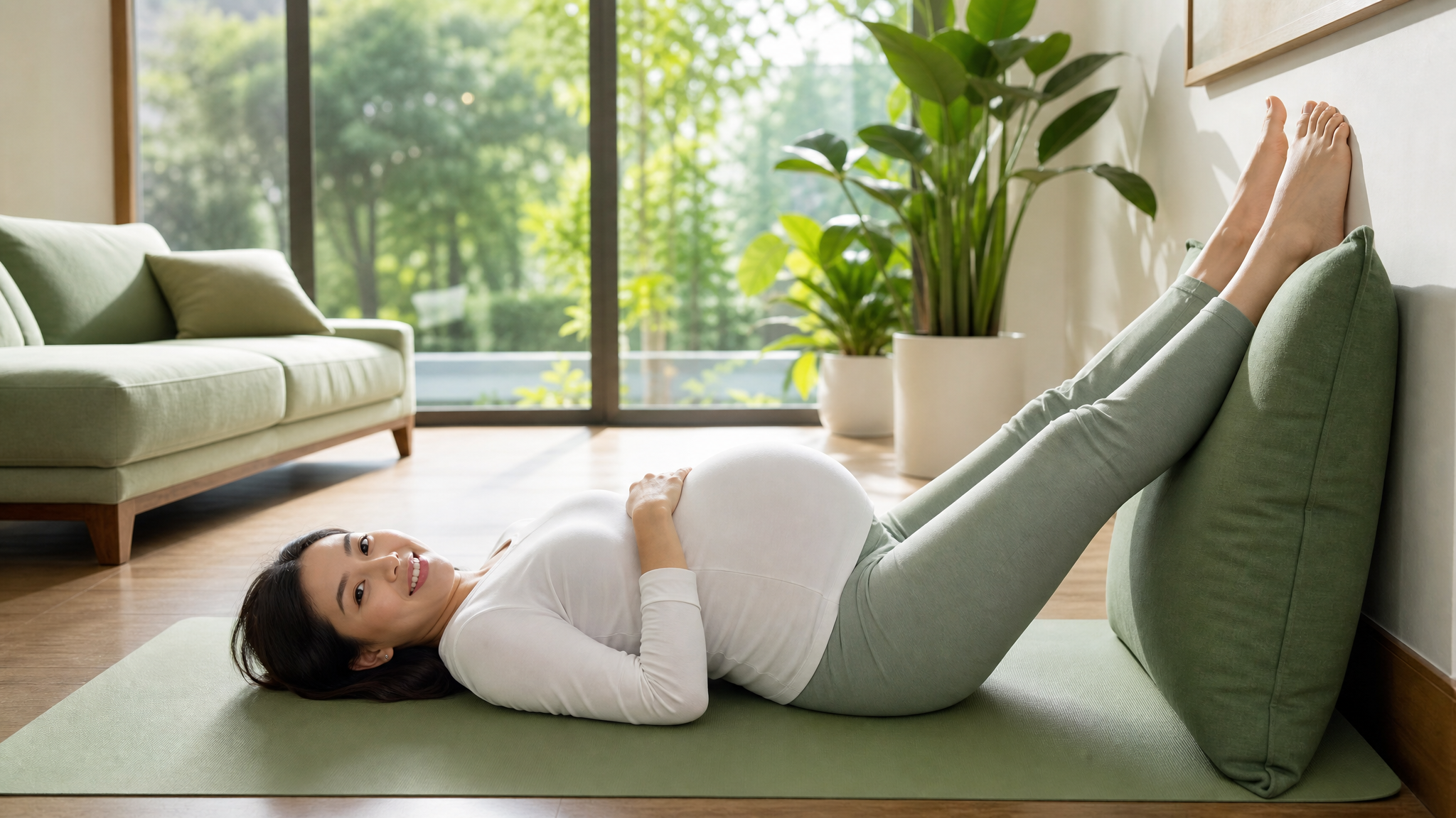 A beautiful young Chinese pregnant woman lying comfortably on a yoga mat in a bright, modern living room. Her legs are elevated and resting on a soft green cushion against the wall, positioned higher than her heart. She is smiling and relaxed. Clean and refreshing green color palette, natural sunlight from the window, photorealistic, 8k, highly detailed.
