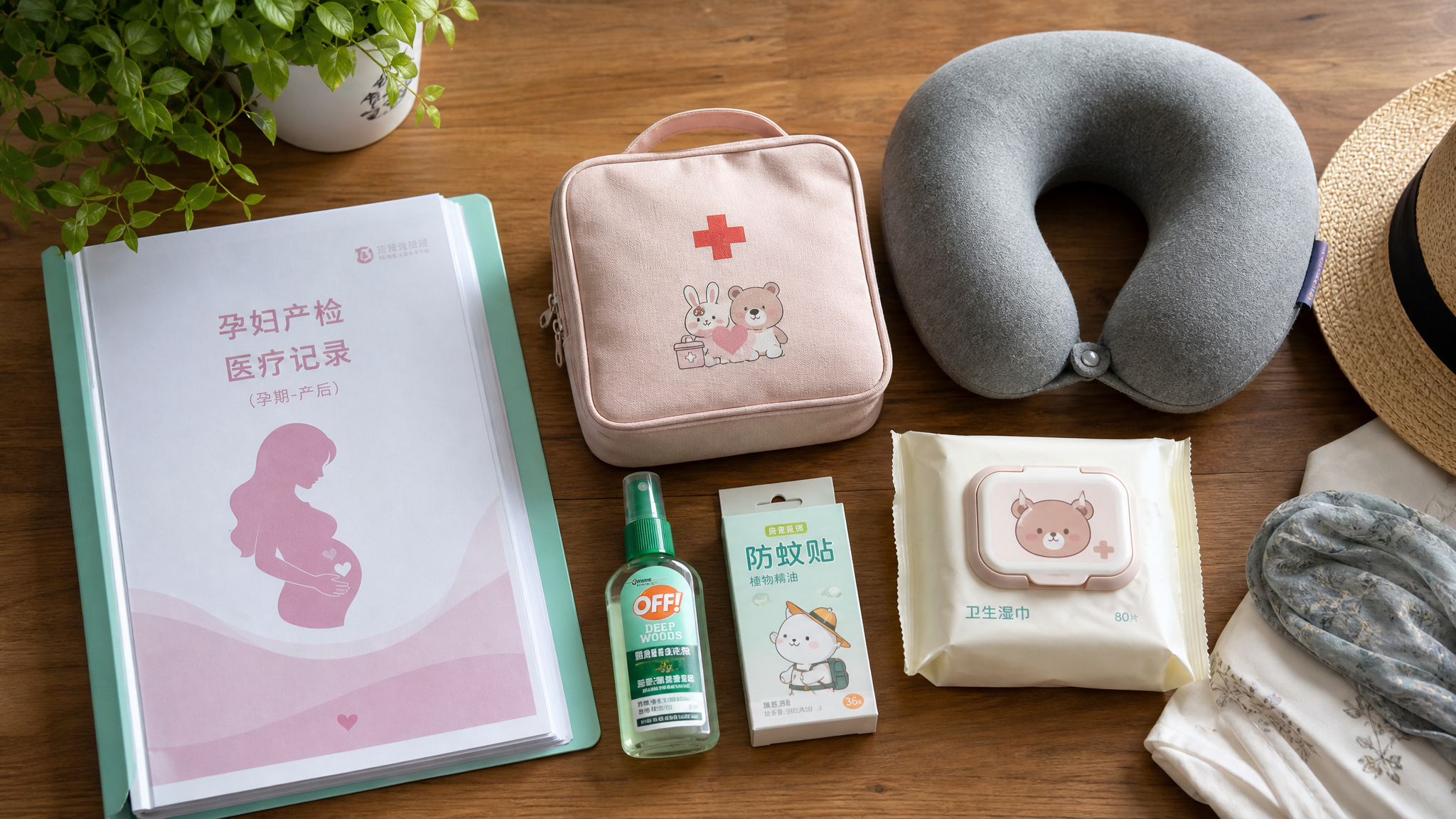 A high-quality flatlay photography of travel essentials for a pregnant Chinese woman, including maternity medical records in an A4 folder, a cute first aid kit, mosquito repellent, and a travel pillow, neatly arranged on a cozy wooden table, soft natural lighting, warm tone, highly detailed, 8k resolution.