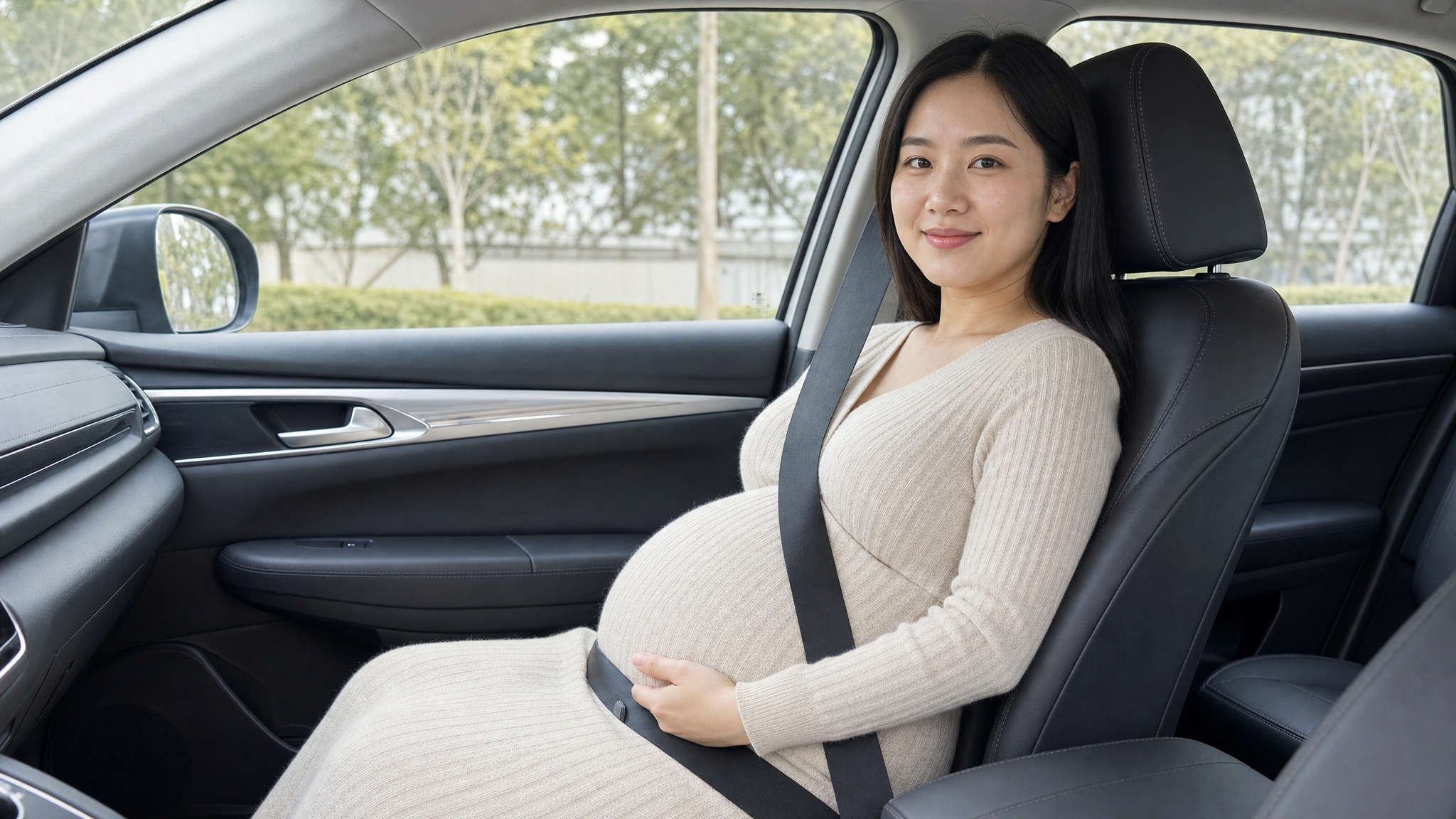 A realistic medium shot of a beautiful Chinese pregnant woman sitting in the passenger seat of a modern car, smiling gently. She is wearing a comfortable maternity dress. She is correctly wearing a seatbelt: the lap belt is positioned low across her hip bones, below her baby bump, and the shoulder belt passes between her breasts and to the side of her belly. Soft natural daylight coming from the car window, high quality, 8k resolution, photorealistic, educational style.