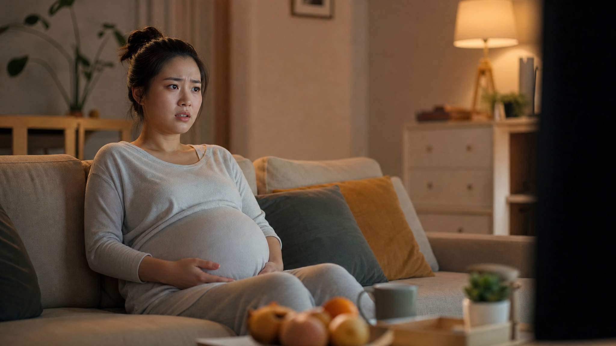 A young Chinese pregnant woman sitting on a cozy living room sofa, looking slightly anxious and confused while watching TV. Soft indoor warm lighting, cinematic cinematic color grading, highly detailed, realistic, 8k resolution, shot on 35mm lens. --ar 3:4