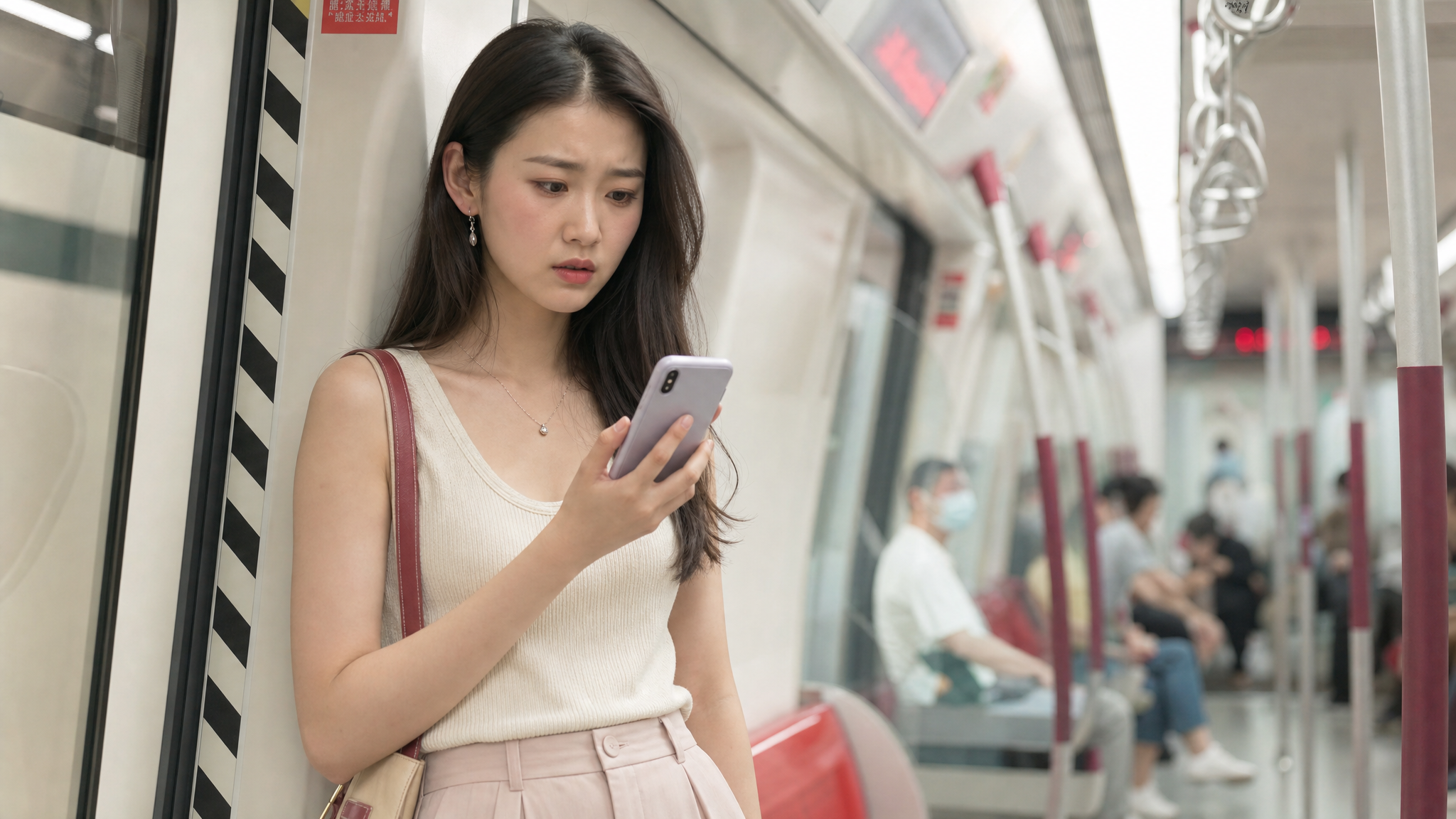 A young Chinese woman standing in a modern subway train, looking slightly anxious and confused while checking her smartphone, soft cinematic lighting, realistic photography, high resolution, 8k, highly detailed face, wearing casual elegant summer clothes, pastel color palette with soft beige and light red tones.