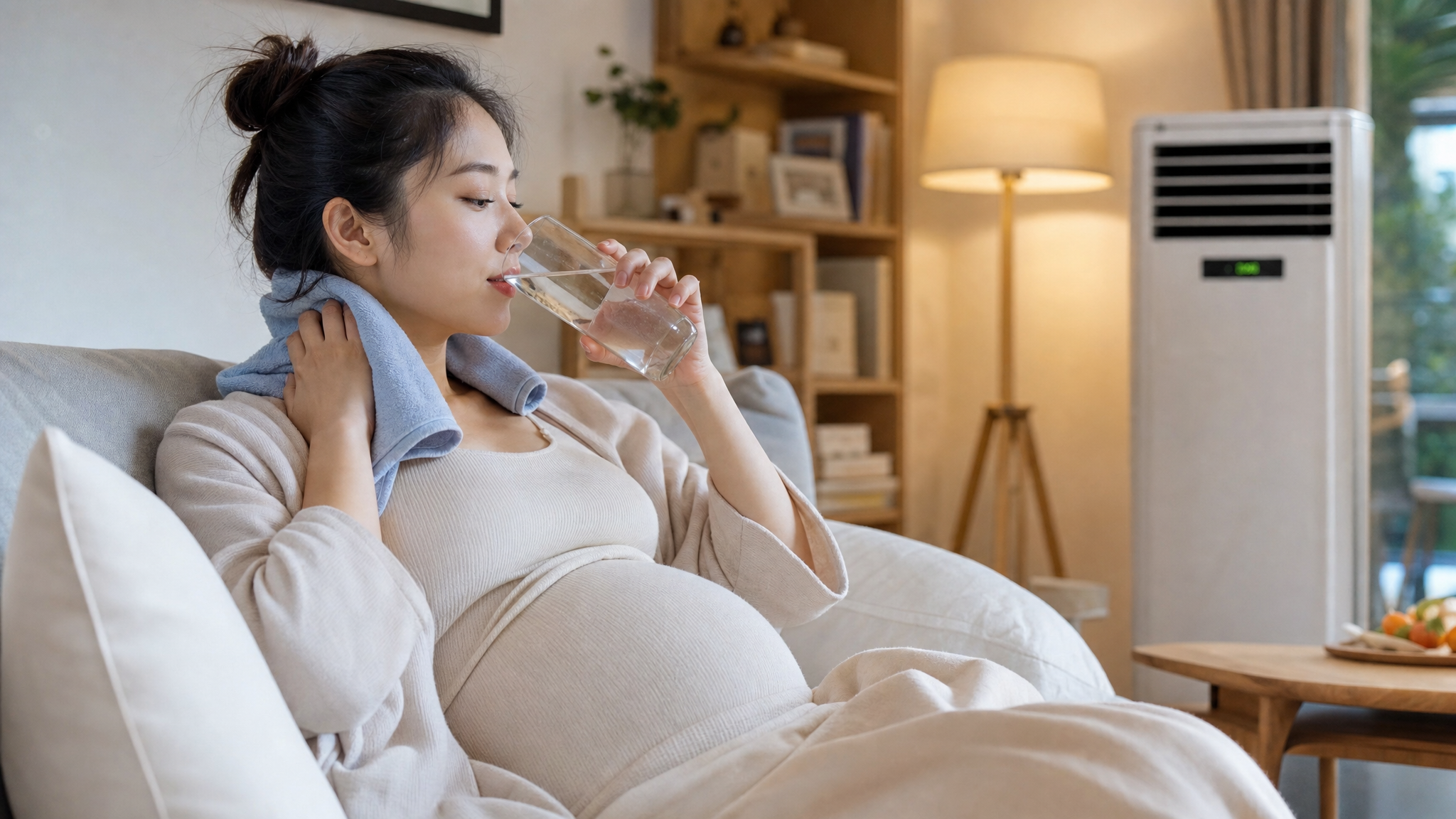 A beautiful Chinese pregnant woman resting comfortably indoors with air conditioning, applying a cool damp towel to her neck, drinking slightly cool water from a glass, soft warm indoor lighting, cozy and relaxing atmosphere, highly detailed, realistic, 8k.