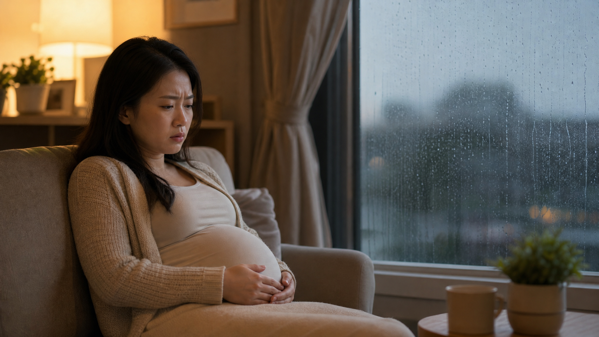 A Chinese pregnant woman sitting on a cozy sofa, slightly frowning with a troubled expression. Outside the window is a gloomy rainy day typical of the plum rain season. Soft indoor lighting, high quality, realistic photography style, cinematic lighting.
