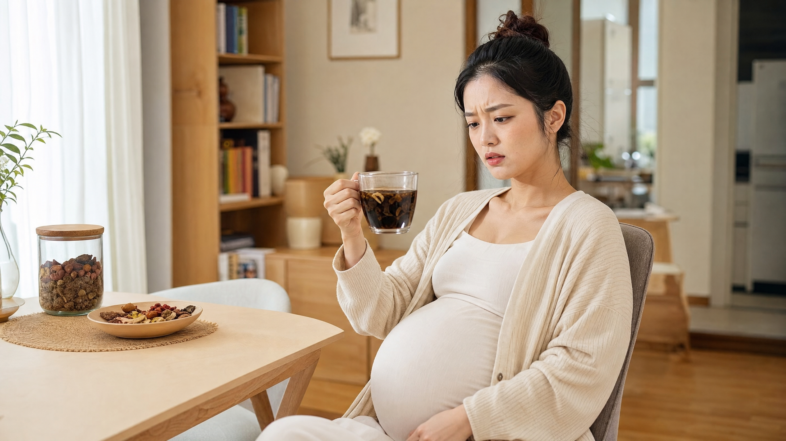 A photorealistic image of a beautiful young Chinese pregnant woman sitting at a bright dining table, looking confused and slightly worried at a dark herbal tea in a glass cup. Soft natural indoor lighting, warm tones, cozy home environment, highly detailed, 8k resolution, cinematic lighting, shot on 35mm lens.