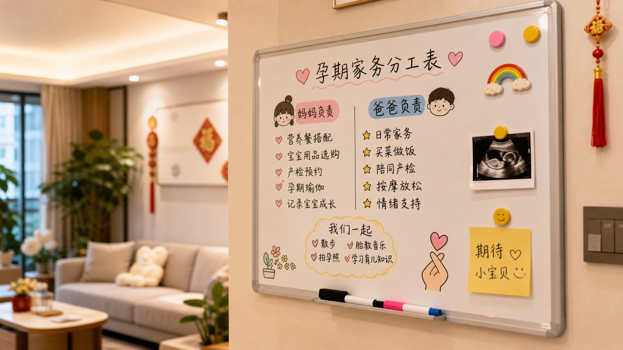 A cozy modern Chinese living room, focusing on a magnetic whiteboard on the wall with cute handwriting and magnets, showing a family task division list for pregnancy, warm indoor lighting, depth of field, realistic lifestyle photography, 8k.