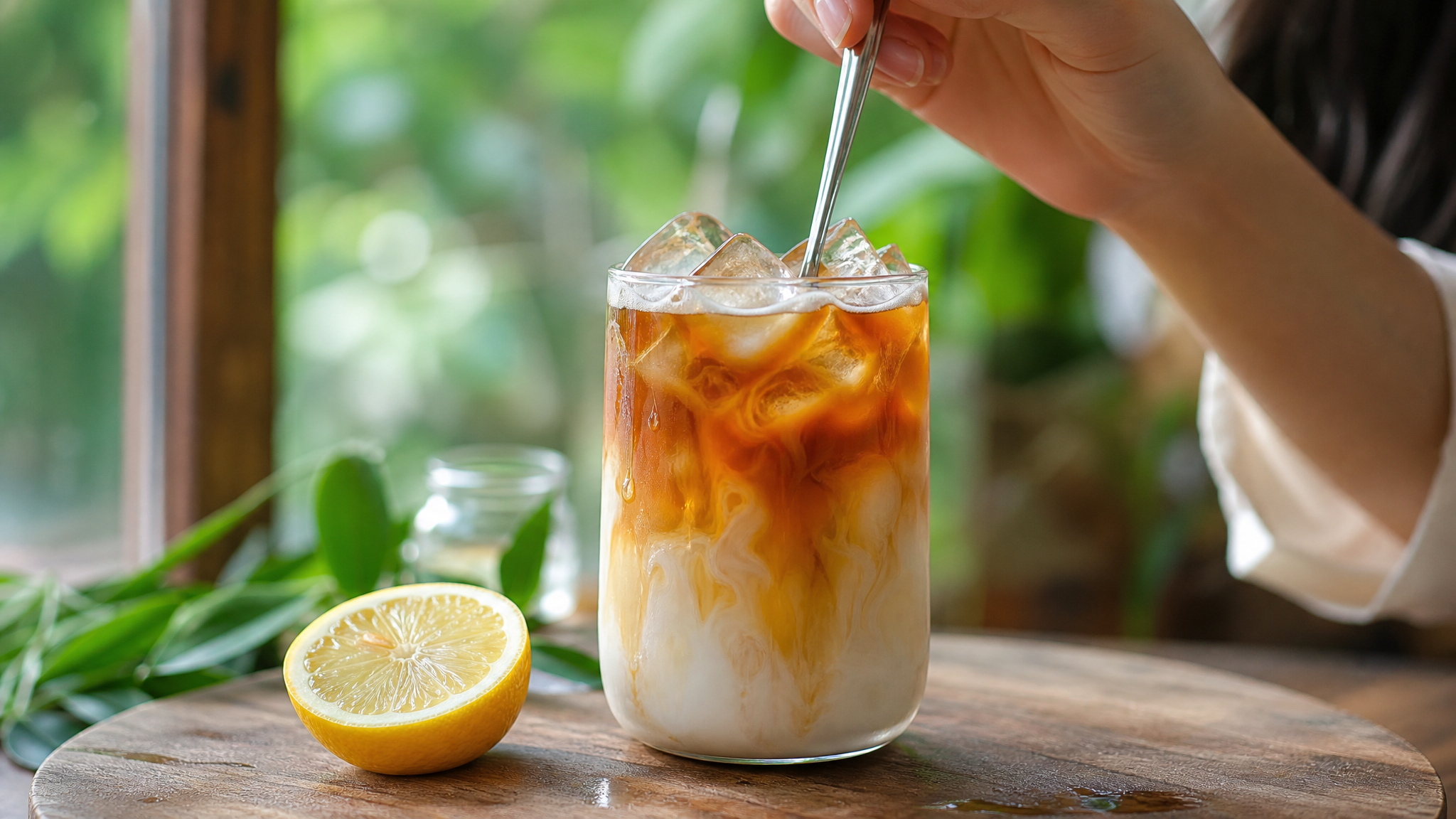 Close-up shot of a beautiful glass of ** iced tea latte on a wooden table, distinct layers of tea and milk, ice cubes, a slice of lemon on the side, fresh and cooling summer vibe, bright natural lighting, a hand of a Chinese woman gently stirring the drink, high resolution, food photography, 8k, DALL-E style.