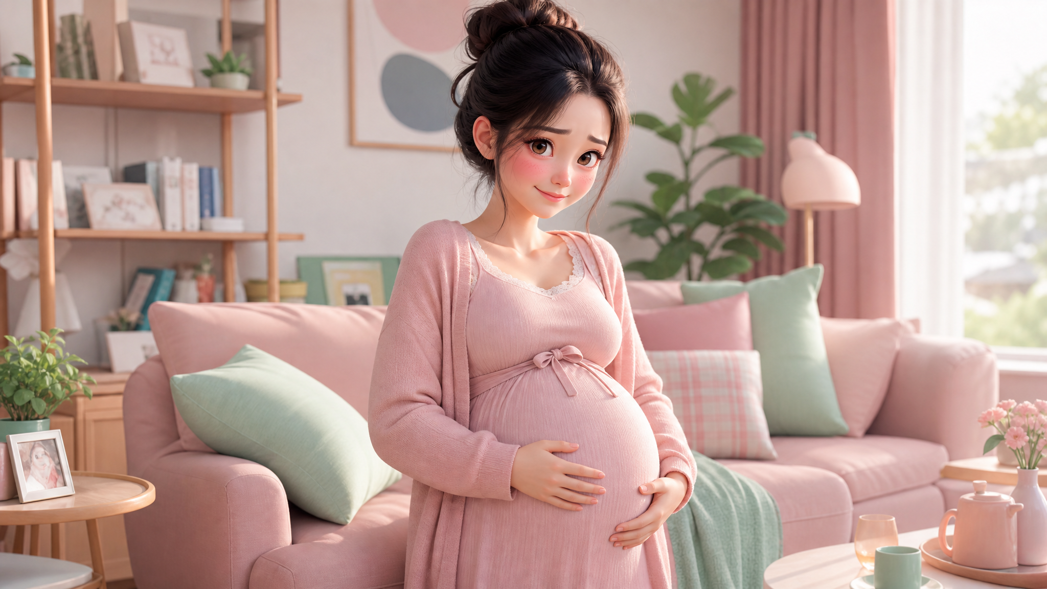 A high-quality illustration of a young Chinese pregnant woman looking slightly embarrassed but cute, holding her belly gently. Soft pastel pink and mint green color palette. Cozy living room background. Pixar 3D style, soft studio lighting, ultra-detailed, 8k resolution. --ar 3:4