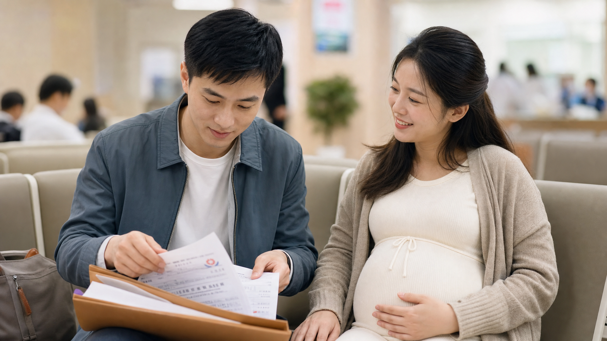 A heartwarming scene of a young Chinese husband carefully organizing medical documents into a folder, while his pregnant wife smiles at him. Hospital waiting area background, blurred slightly. Warm, loving atmosphere, photorealistic, 85mm lens, depth of field, 8k. --ar 3:4