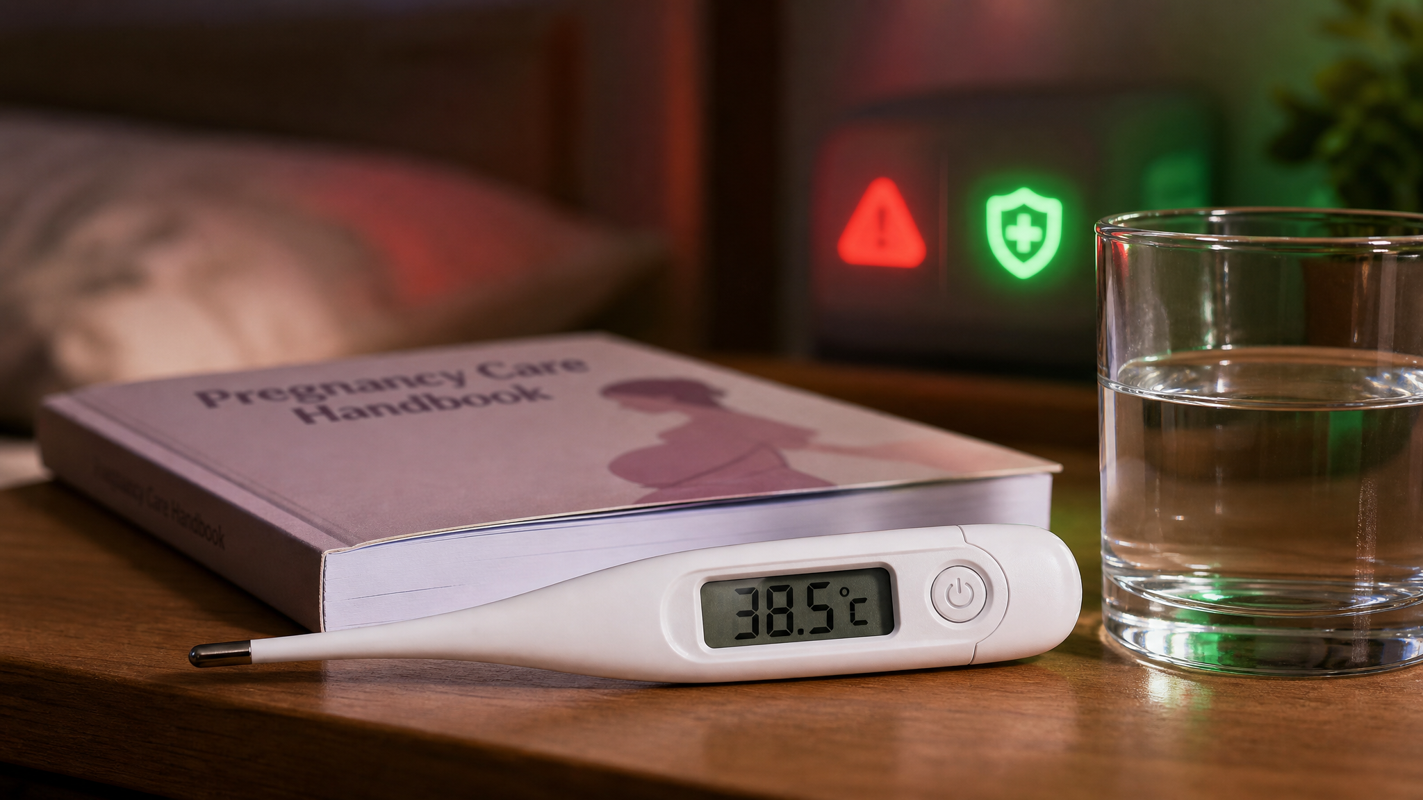 A professional medical still-life photography. A clean digital thermometer showing 38.5 degrees Celsius, placed next to a pregnancy care handbook and a glass of water on a wooden nightstand. Subtle red and green warning lights illuminating the background to create a sense of medical alert and safety guidance. Macro shot, studio lighting, 8k, photorealistic.