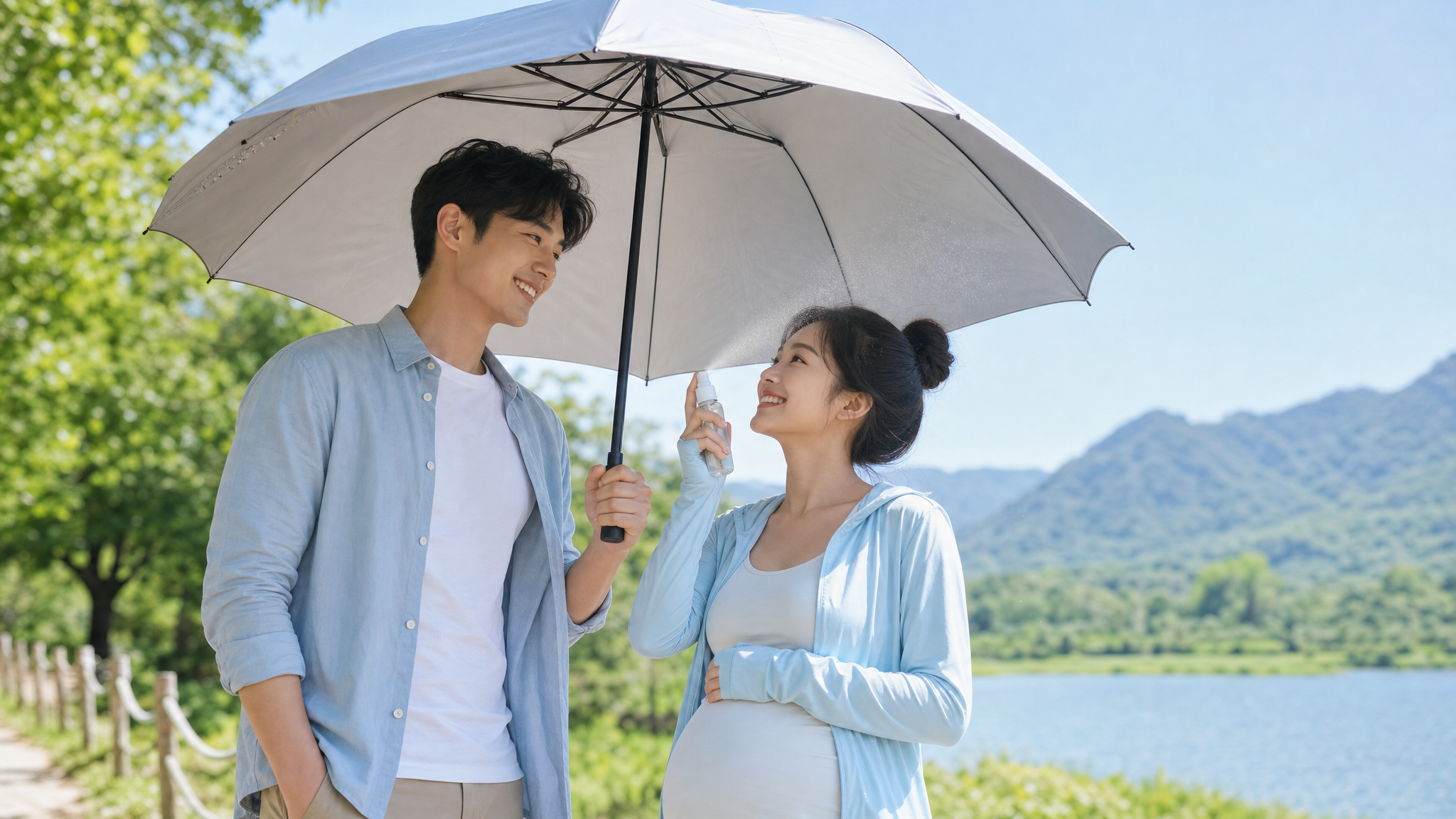 A loving Chinese couple outdoors in summer. The handsome husband is holding a large silver-coated sun umbrella (diameter > 100cm) to shade his beautiful pregnant wife. The wife is wearing a refreshing light blue sun jacket with thumb holes, holding a cooling hydration spray. Happy smiles, bright summer lighting, lifestyle photography, soft pastel tones, ultra-clear, 8k.