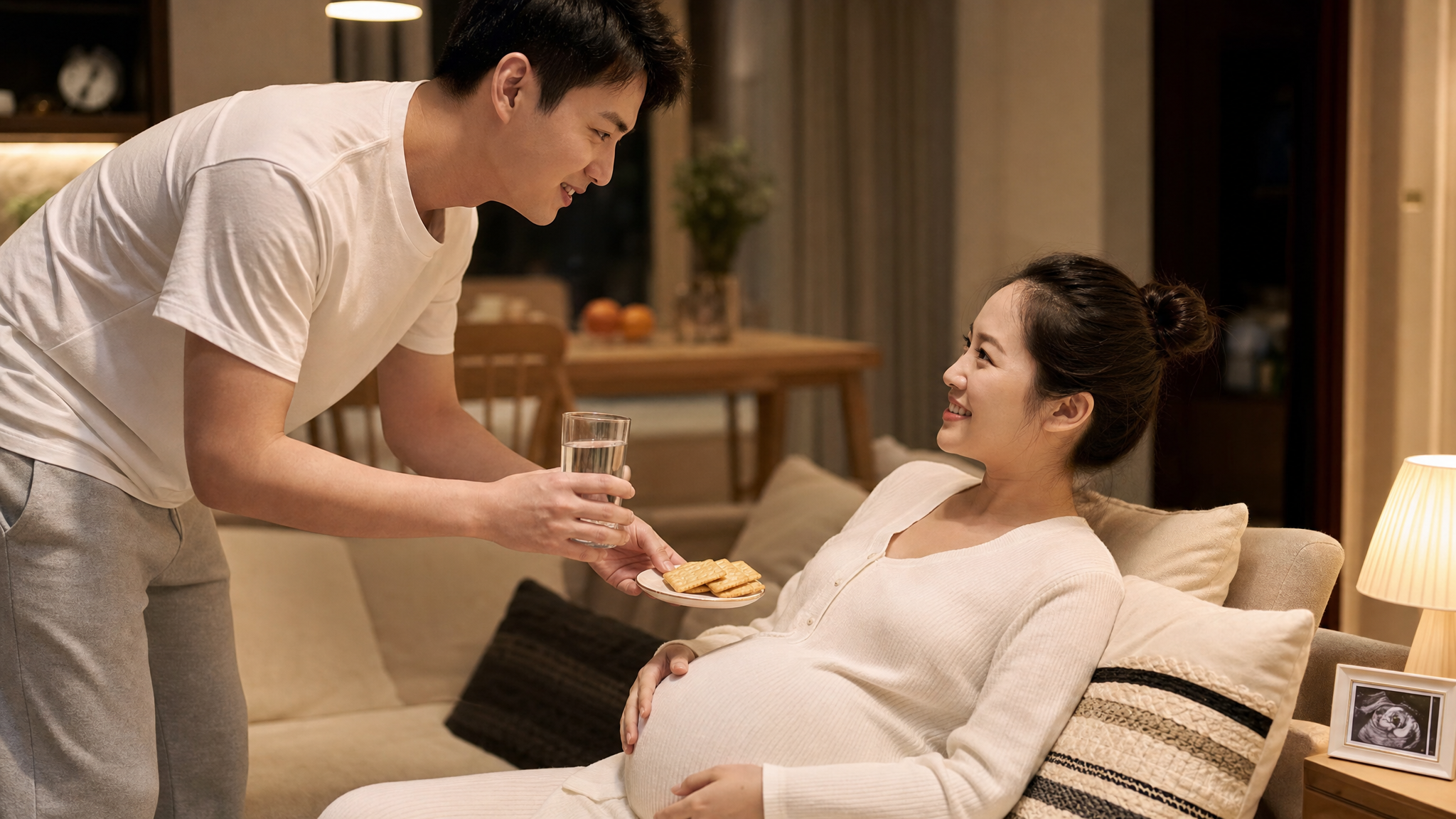 A heartwarming scene of a young Chinese husband gently handing a glass of water and some crackers to his pregnant wife who is resting on a cozy sofa. Warm indoor lighting, loving and supportive atmosphere, casual homewear, photorealistic, cinematic lighting, Midjourney v6. --ar 3:4