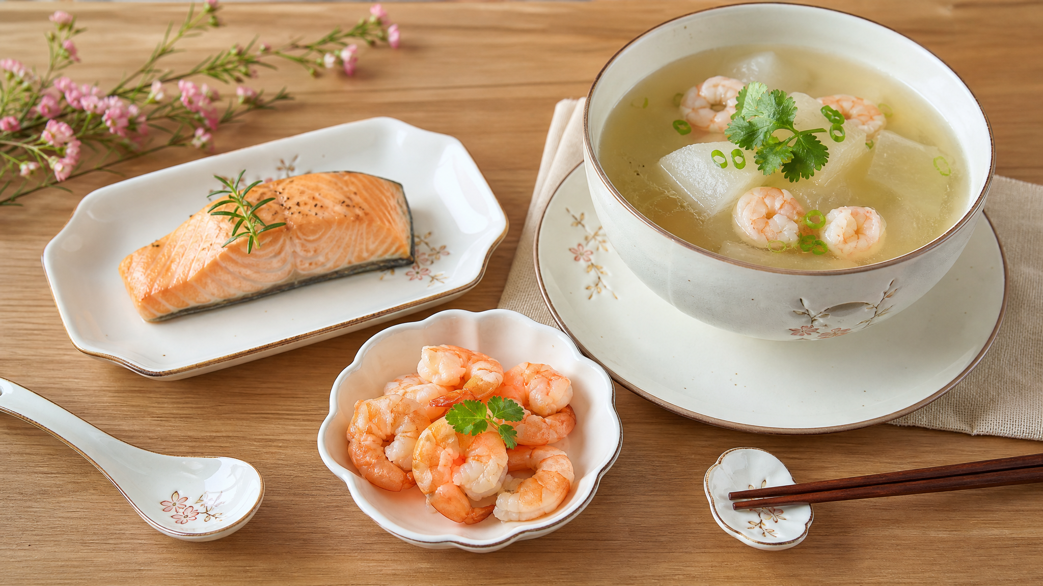 A highly aesthetic flat lay photography of healthy cooked seafood meal for Chinese pregnant woman. A small portion of fully cooked salmon, peeled shrimps, and a bowl of fresh shrimp and winter melon soup. Warm and appetizing lighting, clean wooden table background, soft pastel tones, food magazine style, 8k, photorealistic.