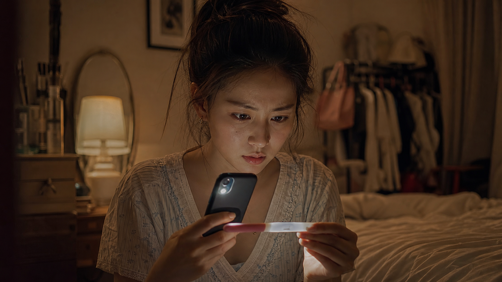 A young Chinese woman in her bedroom at late night, holding a pregnancy test stick, shining her smartphone flashlight on it, looking anxious and highly focused. Warm dim bedroom lighting, cinematic lighting, realistic lifestyle photography, 8k resolution, highly detailed.