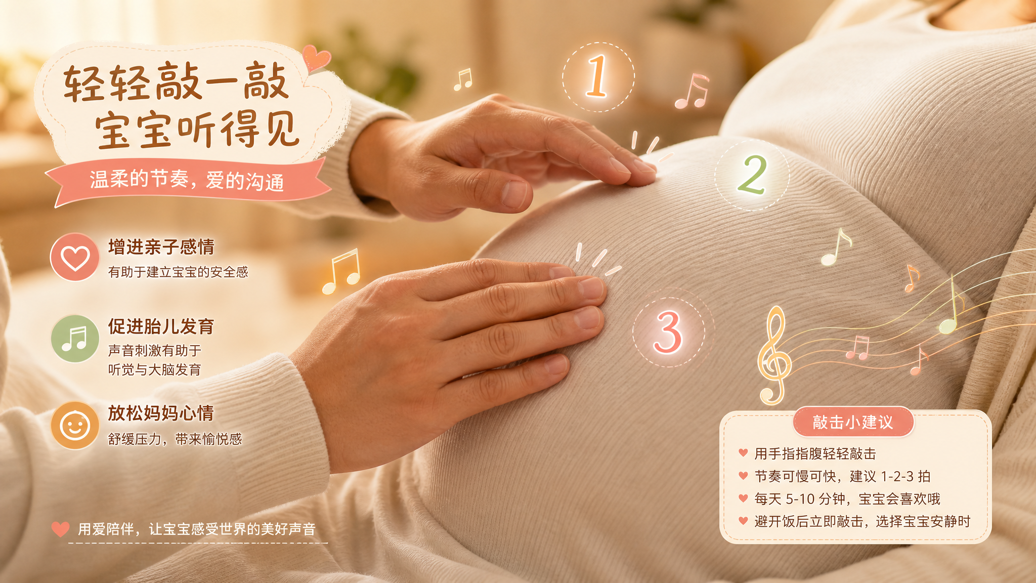 Close-up illustration of a Chinese man's gentle hands lightly tapping a pregnant belly, with cute musical notes and rhythm symbols (like 1, 2, 3) floating around the hands. Warm and healing color palette, soft lighting, educational infographic style, clear and safe hand gestures, high resolution.