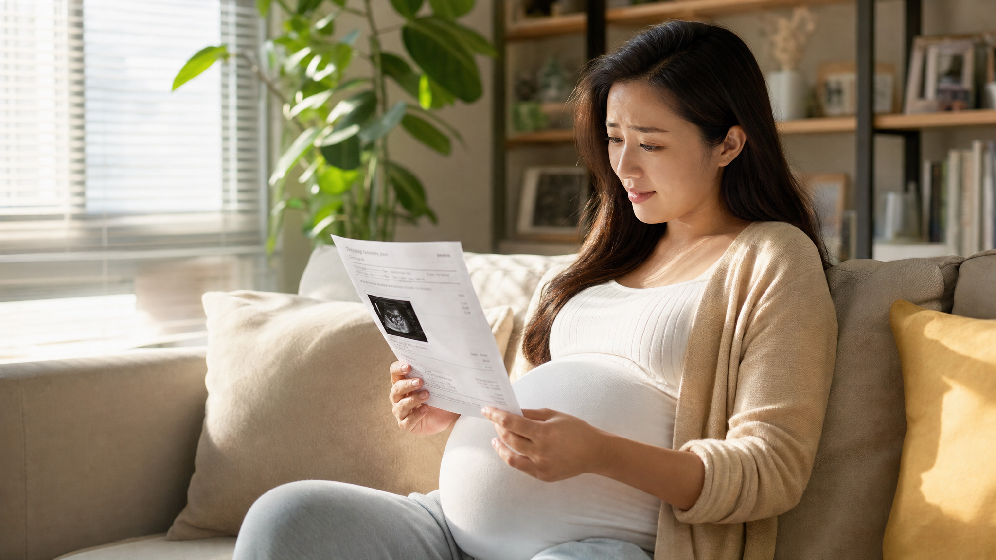 A Chinese pregnant woman sitting on a cozy sofa in a well-lit living room, holding a medical report, looking slightly concerned but hopeful, soft natural sunlight streaming through the window, warm and comforting tones, highly detailed, photorealistic, cinematic lighting, 8k resolution.