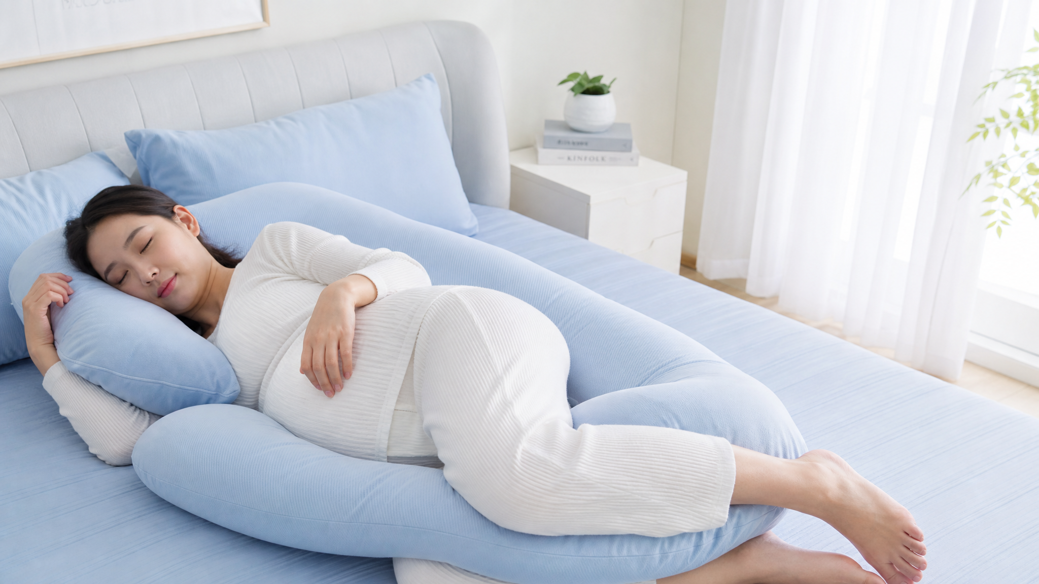 A bright and fresh lifestyle photography of a beautiful Chinese pregnant woman peacefully sleeping on her side in a comfortable bed. She is using a light blue U-shaped pregnancy pillow that supports her belly and back. Light and breathable cooling bedsheets. Soft morning sunlight filtering through sheer curtains, airy and clean atmosphere, pastel blue and white tones, 8k, ultra-realistic.