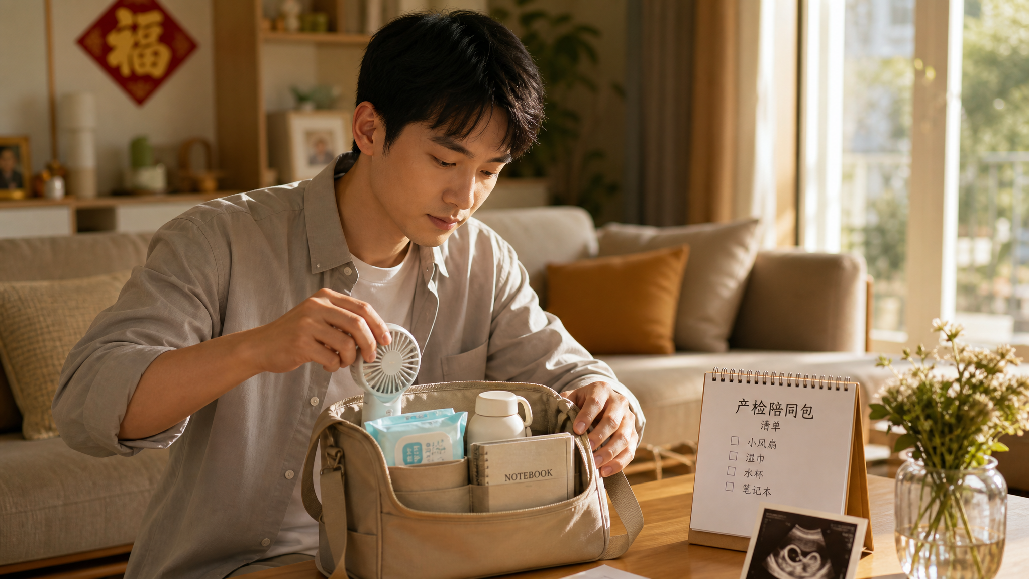 一个细心的中国准爸爸正在整理陪检包,包里有便携小风扇、湿巾、水杯和笔记本。背景是温馨的现代中国家庭客厅,阳光透过窗户洒进来,柔和的自然光,电影级构图,暖色调,写实风格。