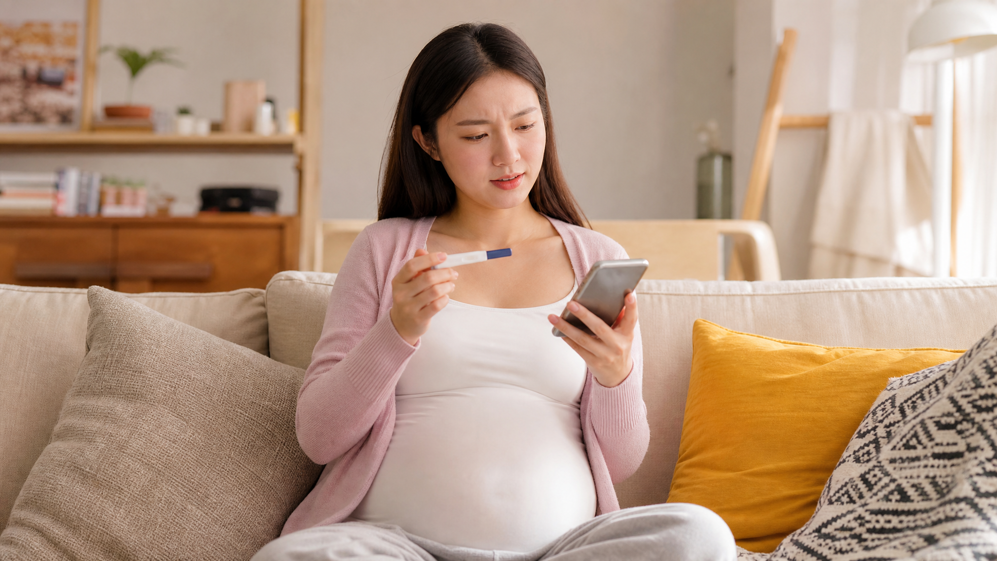 A realistic photography of a young Chinese pregnant woman sitting on a cozy living room sofa, looking slightly confused but hopeful while holding a smartphone and a pregnancy test. Soft natural warm lighting, pastel color palette, cinematic composition, 8k resolution, highly detailed. --ar 3:4