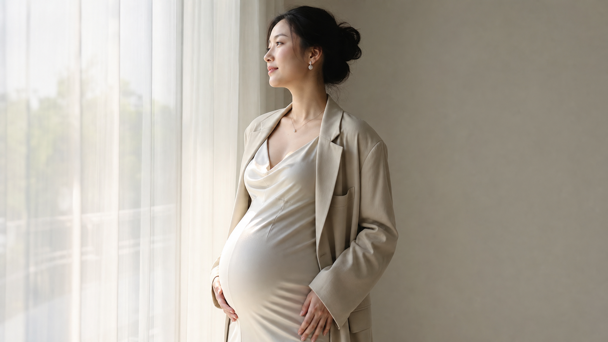 A beautiful Chinese pregnant woman standing by a window, wearing a silk slip dress and a thin oversized blazer. Soft early summer natural light streaming through the window, backlighting her elegant silhouette. Minimalist solid color background. Editorial magazine photography style, high fashion, photorealistic, 8k resolution, shot on 35mm lens, soft focus.