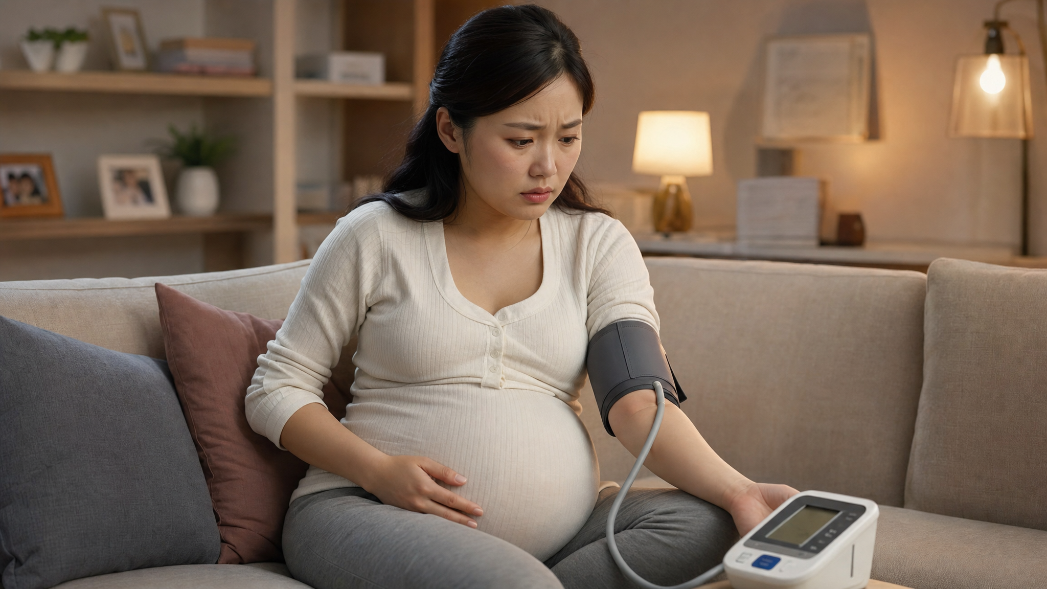 A young Chinese pregnant woman sitting on a cozy sofa in a modern living room, looking anxious and worried while checking her blood pressure with a digital arm blood pressure monitor. Soft warm indoor lighting, realistic photography, cinematic lighting, 8k resolution, highly detailed.