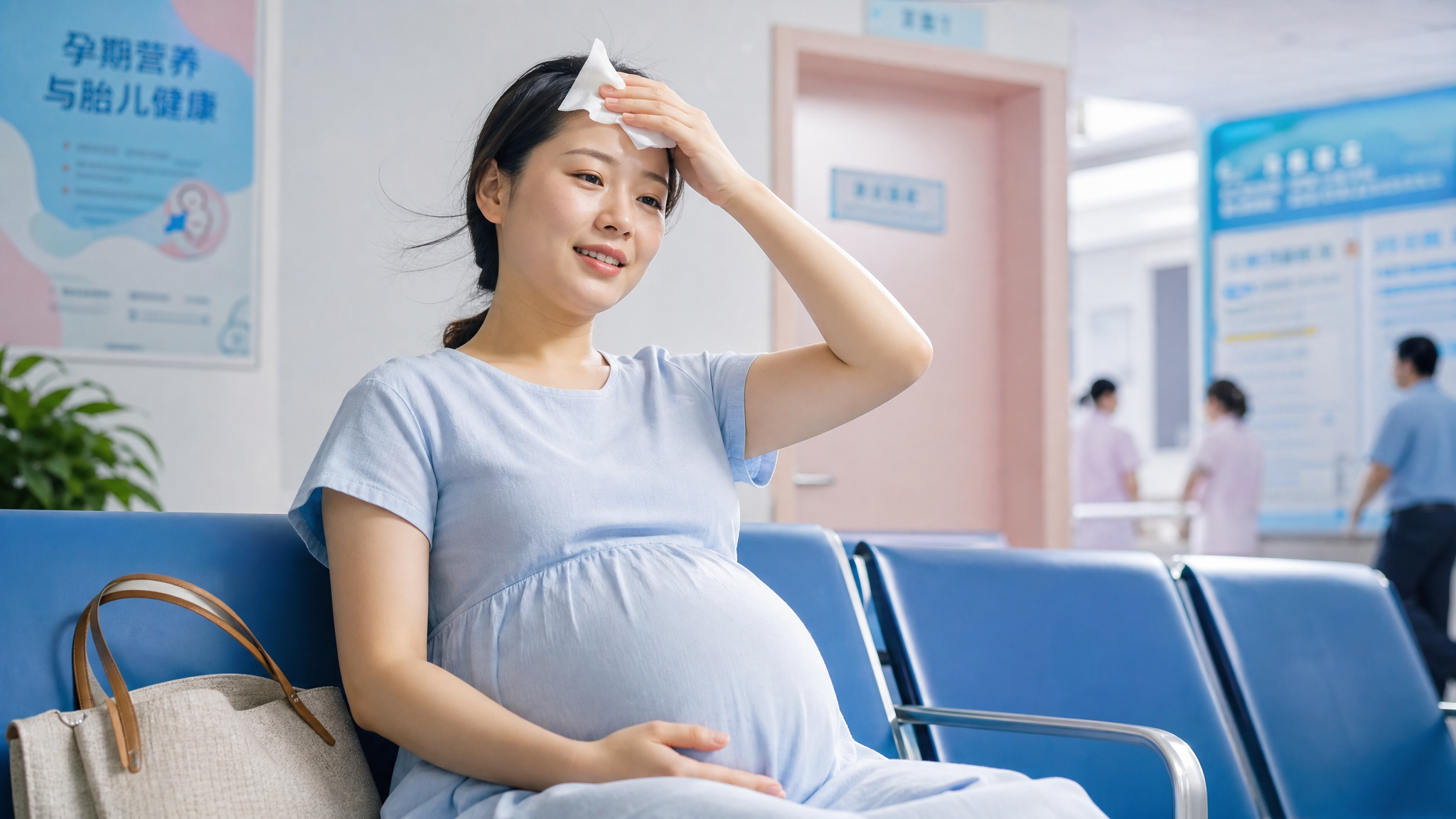 A high-quality photography of a young Chinese pregnant woman in a hospital waiting area during summer. She is wiping sweat from her forehead with a tissue, looking slightly tired but gentle. She is wearing a light, breathable maternity dress. The environment is well-lit, with soft pastel blue and pink tones (powder blue fresh style). Cinematic lighting, hyper-realistic, 8k resolution, shot on 35mm lens.