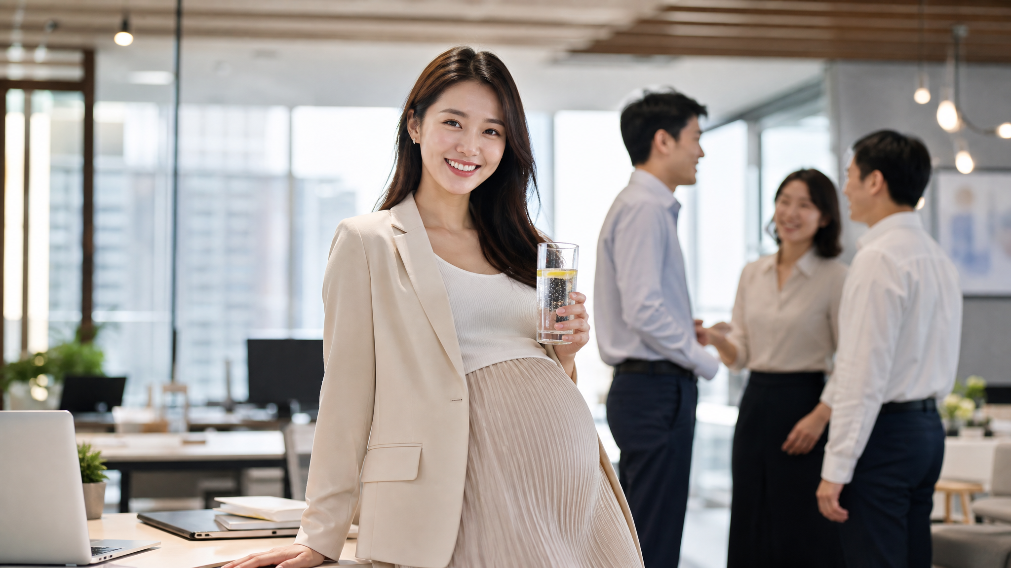 A cheerful young Chinese pregnant woman in a modern, brightly lit office, wearing stylish and comfortable maternity workwear. She is smiling warmly and holding a beautiful glass of sparkling water with a slice of lemon. In the background, colleagues are chatting happily. Soft natural lighting, cinematic composition, photorealistic, 8k resolution, shot on 35mm lens. --ar 3:4