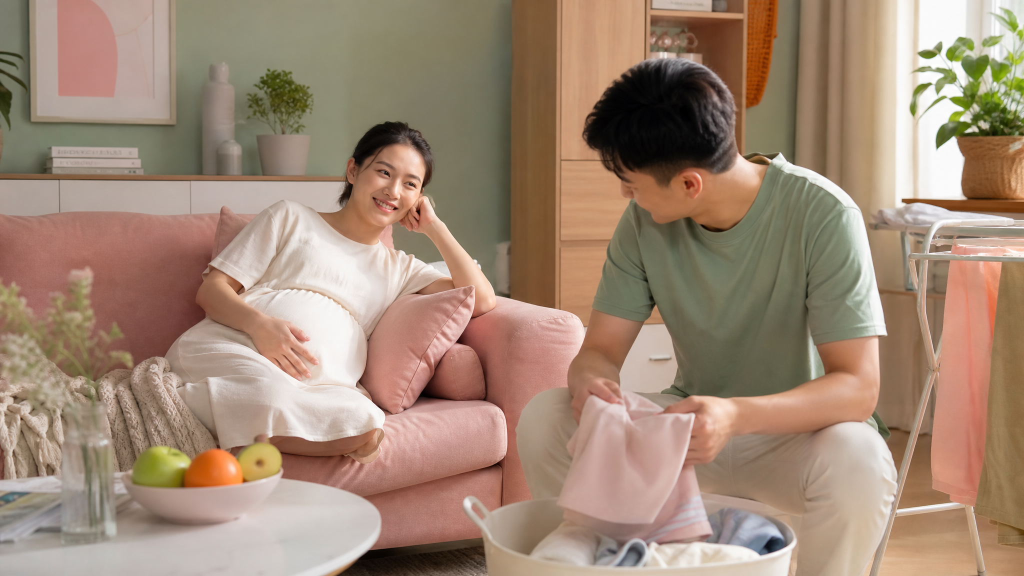 A heartwarming scene of a young Chinese husband doing household chores while his pregnant wife is resting comfortably on a pastel pink sofa, smiling at him. Cozy home environment, soft mint green and pink tones. High quality, photorealistic, warm lighting, emotional connection. --ar 3:4