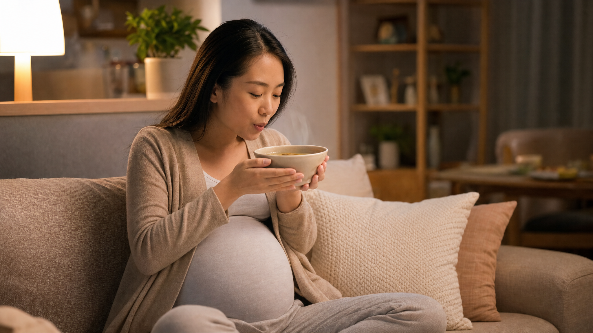 A high-quality photography of a happy young Chinese pregnant woman enjoying a small bowl of warm soup at home. She looks comfortable and relieved, gently blowing on the soup. Cozy home interior background, warm ambient lighting, soft focus, photorealistic, cinematic tones, 8k resolution.