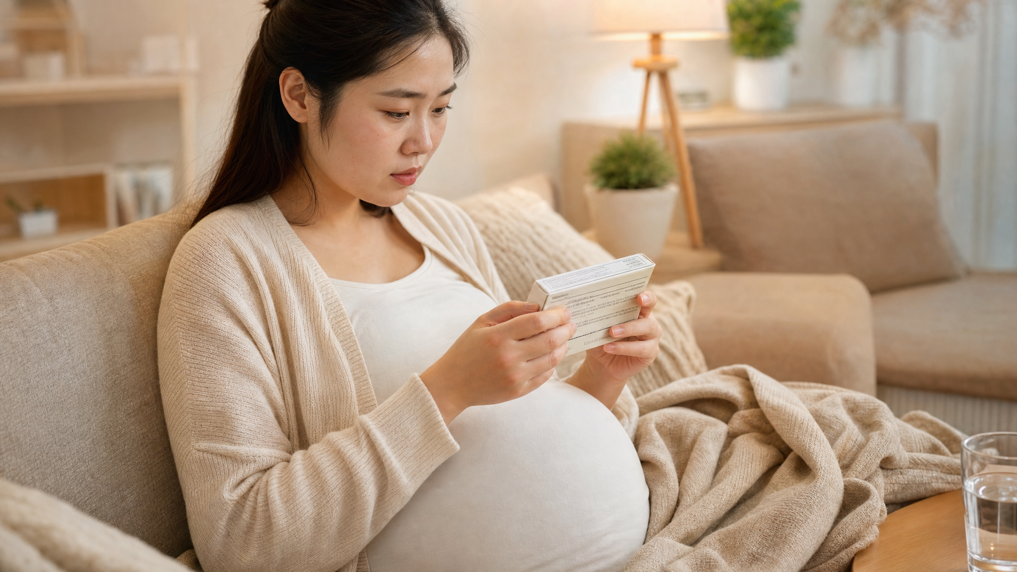 A close-up shot of a young Chinese pregnant woman carefully reading the ingredient list on a medicine box in a cozy living room. Warm and reassuring lighting, focus on her attentive expression and the medicine box. Pastel color palette, high detail, photorealistic, 8k, Midjourney v6.