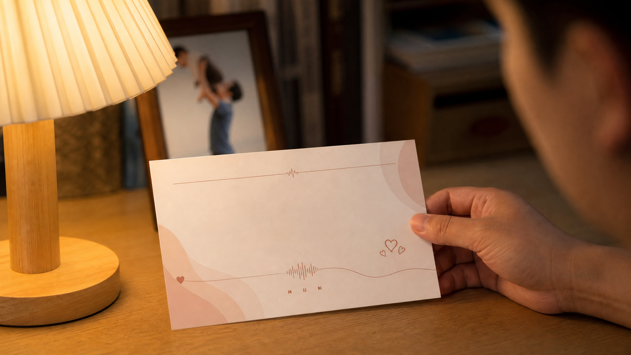A beautifully designed minimalist text card placed on a wooden table, illuminated by warm desk lamp light. The scene includes cute aesthetic elements like small soundwave curves and little heartbeat icons. A young Chinese father's hand is gently holding the edge of the card. Soft focus background, lifestyle photography, warm tones, high quality.
