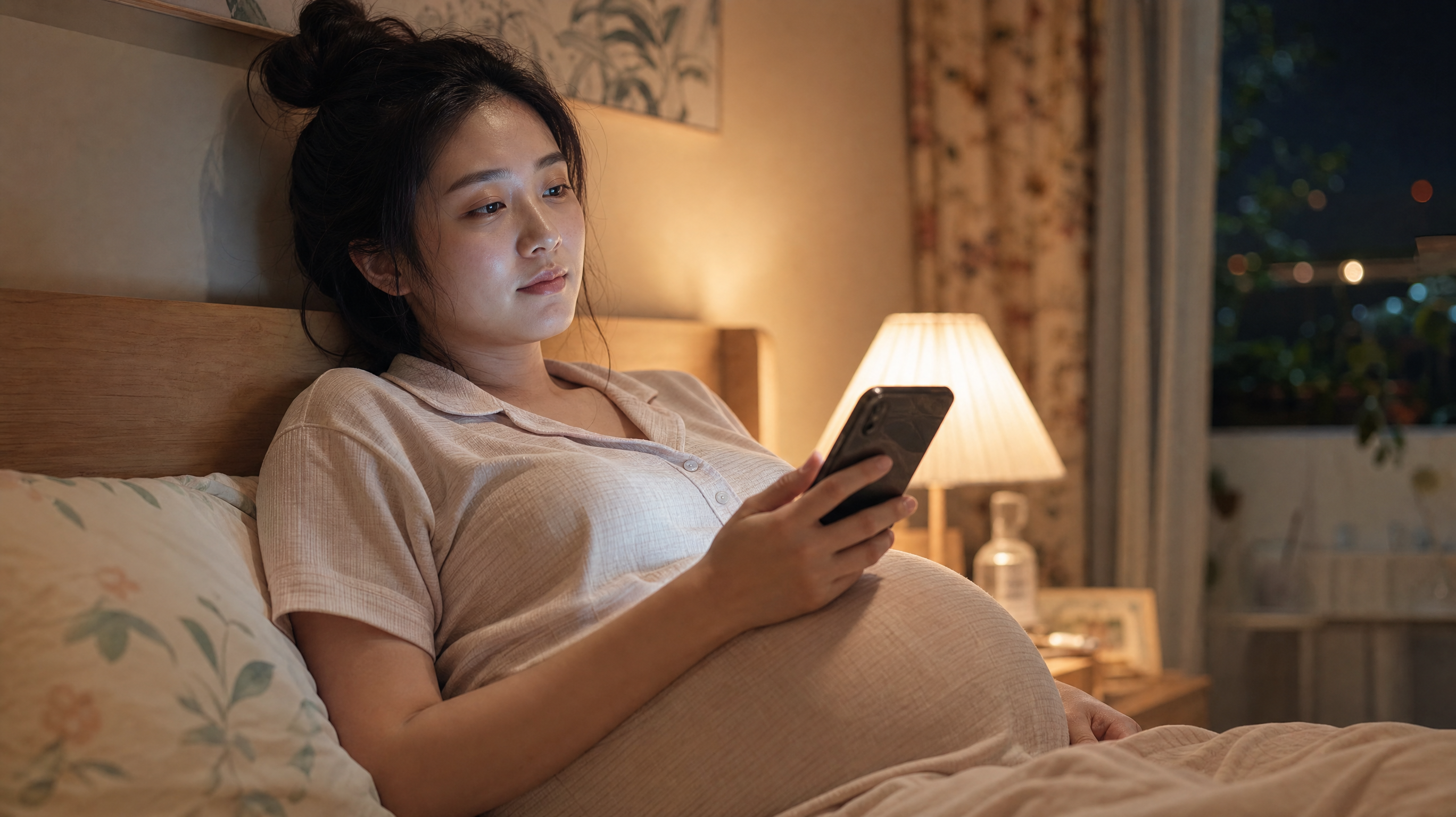 A young beautiful Chinese pregnant woman lying in bed in a cozy bedroom, summer night, looking slightly tired but gentle, holding a smartphone with dim screen light, wearing comfortable cotton pajamas, cinematic lighting, soft focus, highly detailed, 8k, photorealistic --ar 3:4