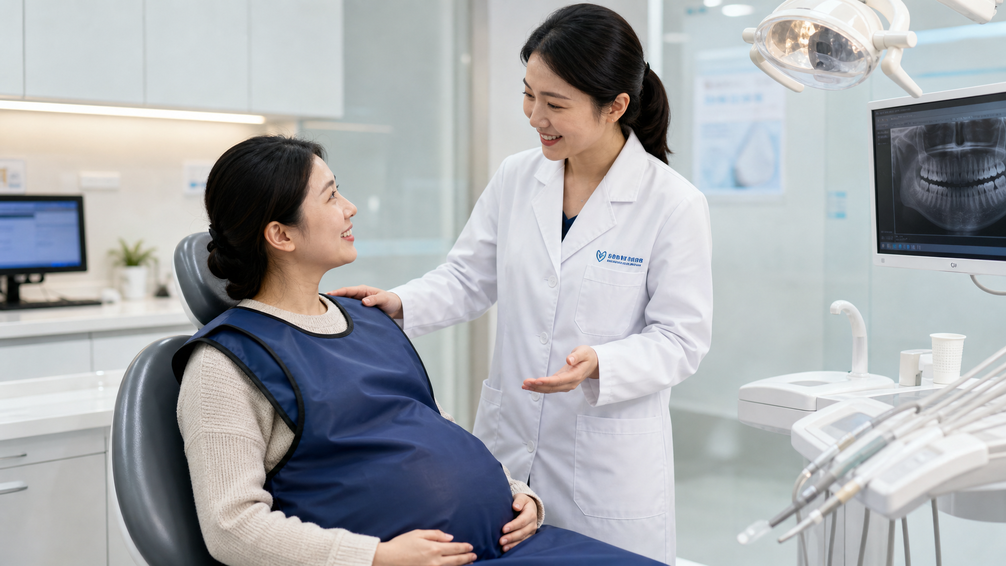 A Chinese pregnant woman sitting in a modern dental chair, wearing a heavy protective lead apron over her body and belly. A friendly Chinese female dentist in a white coat is standing next to her, smiling and reassuring her. Bright, clean, and professional dental clinic environment, medical photography style, 8k resolution.