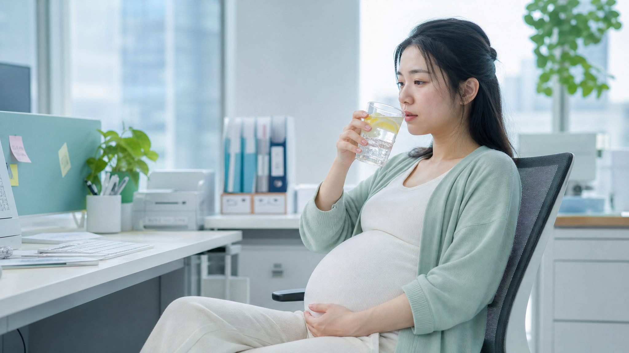 A realistic photography of a young Chinese pregnant woman in a modern office, wearing comfortable light-colored maternity clothes, looking slightly tired but relieved while holding a glass of iced lemon water. Mint green and light blue tones, bright and fresh lighting, highly detailed, 8k resolution, photorealistic, Midjourney v6 style. --ar 3:4