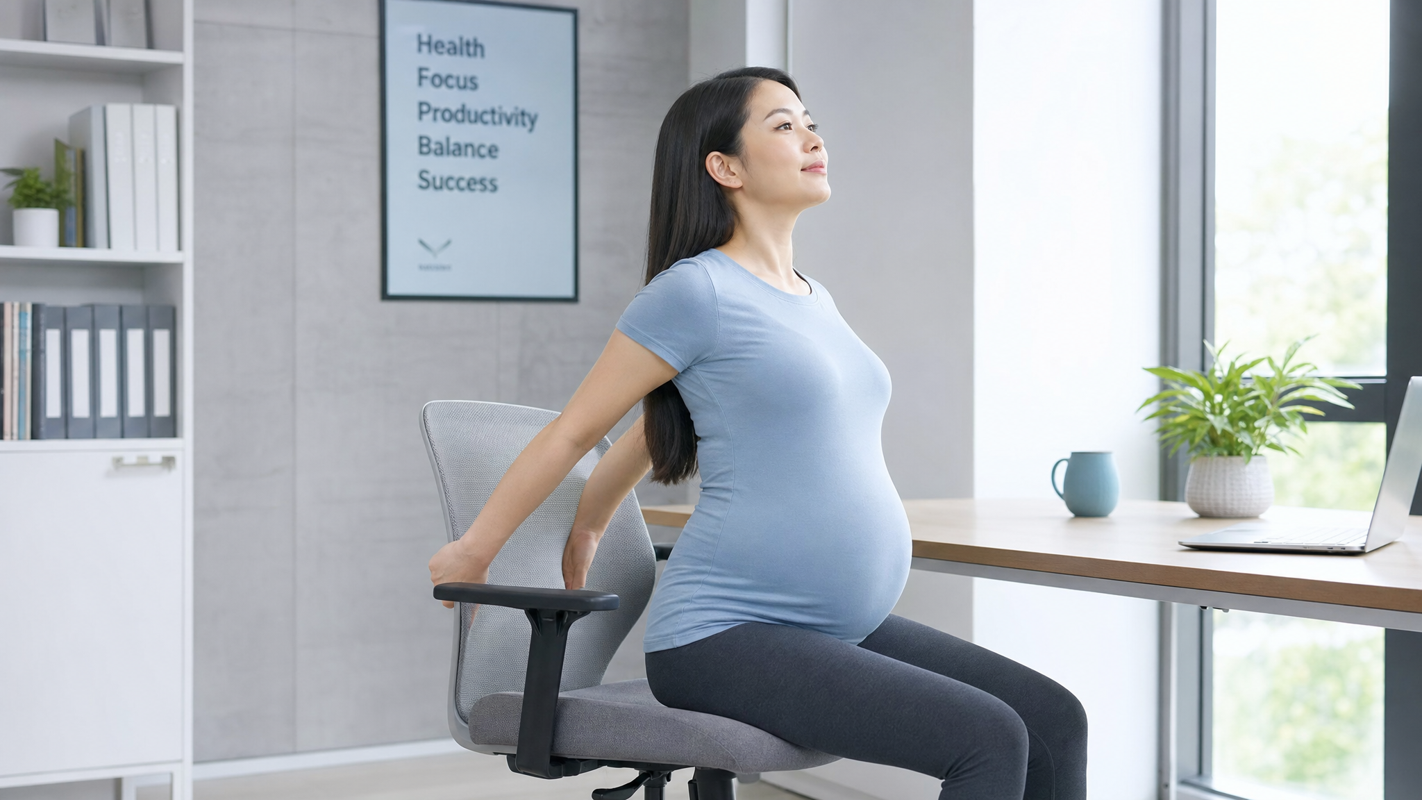 A photorealistic image of a beautiful young Chinese pregnant woman doing a chest stretch exercise while sitting on an ergonomic office chair. Her hands are clasped behind the back of the chair, chest open, shoulders relaxed. Bright and clean modern office environment, soft natural light streaming from a window. Clear instructional style, light grey and blue color palette, highly detailed, 8k, photorealistic. --ar 3:4