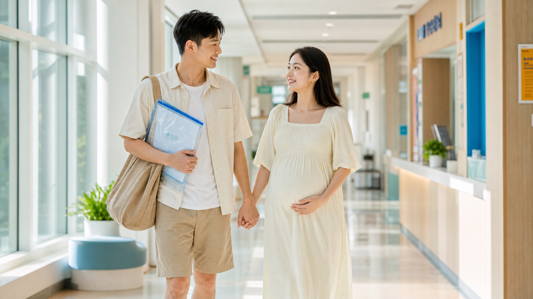 A caring young Chinese husband accompanying his newly pregnant wife in a bright, modern hospital corridor, the husband is carrying a stylish tote bag and a waterproof folder for medical records, gently holding his wife's hand, summer casual outfits, bright and energetic color palette, soft natural light, highly detailed, photorealistic, 8k.